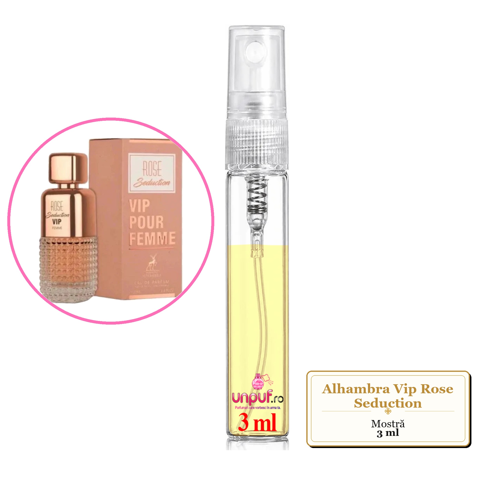 Mostra fiola din Parfumul Alhambra Vip Rose Seduction, decant sticla cu pulverizator 