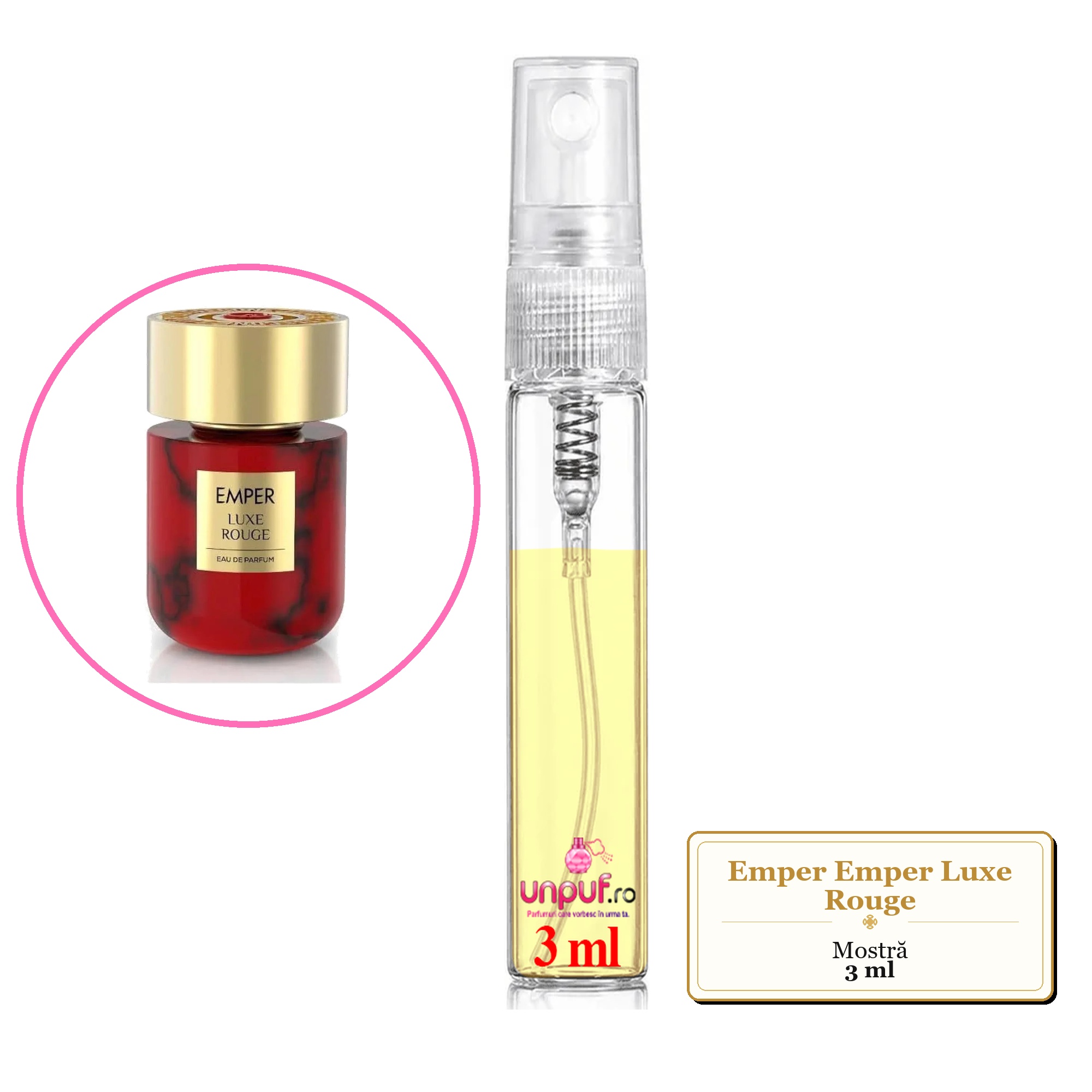 Mostra fiola din Parfumul Emper Emper Luxe Rouge, decant sticla cu pulverizator