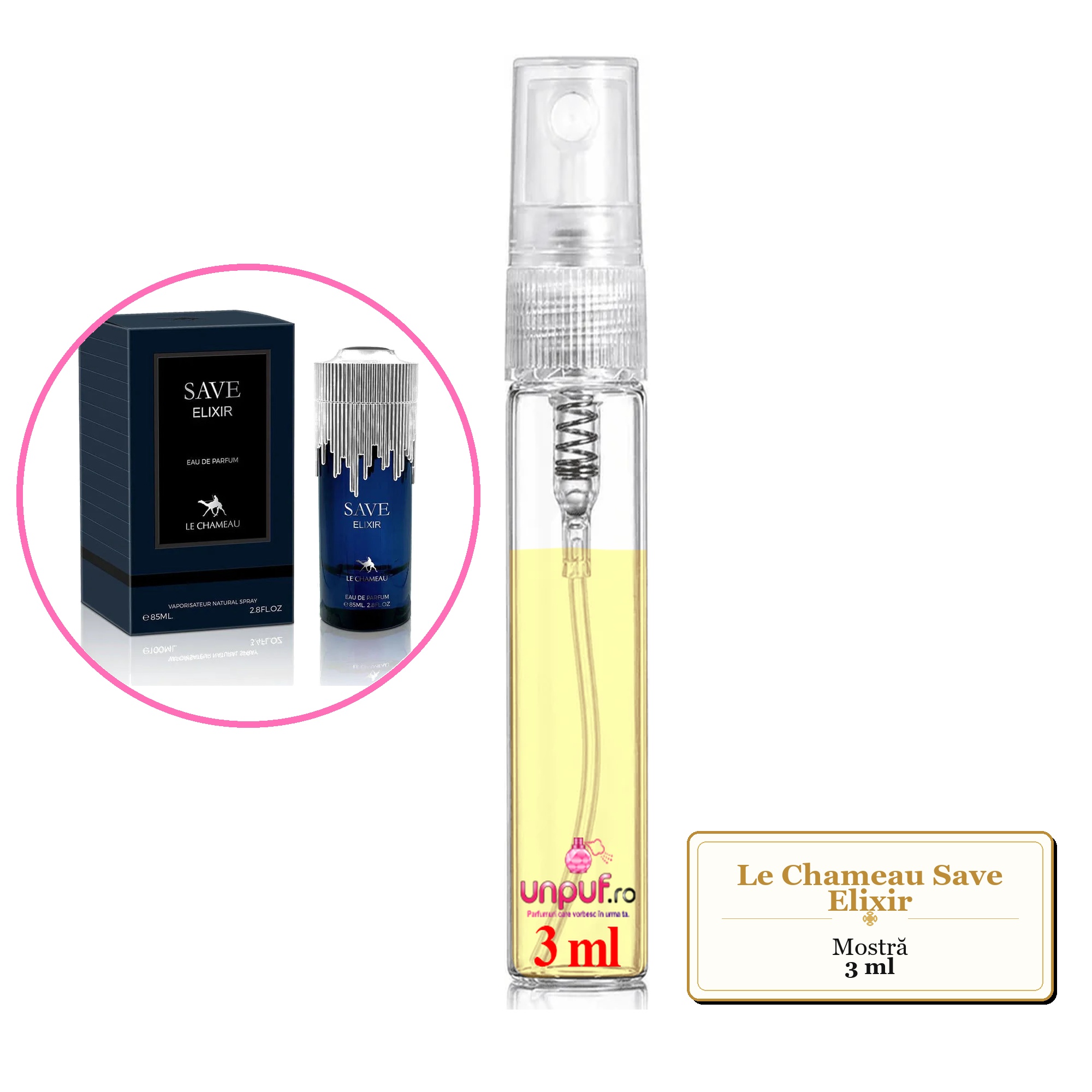 Mostra fiola din Parfumul Le Chameau Save Elixir, decant sticla cu pulverizator