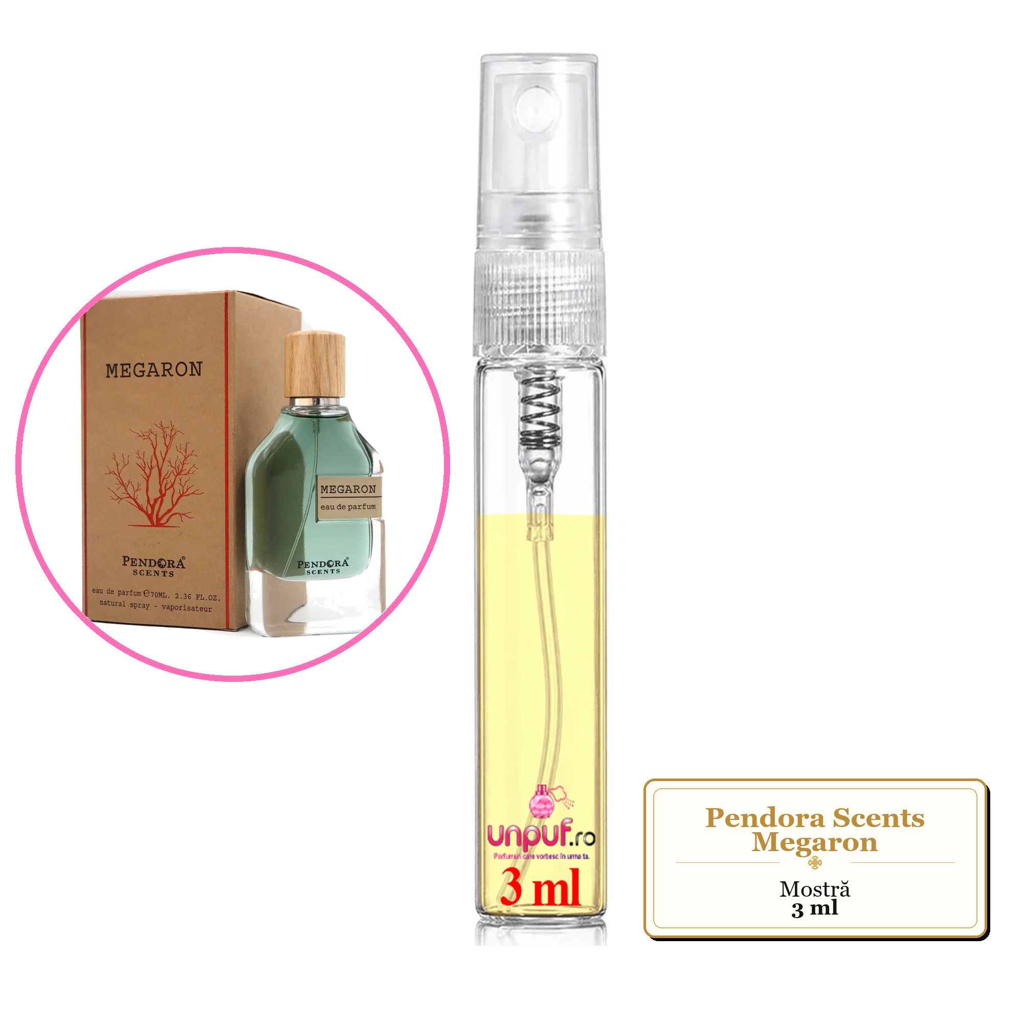 Mostra fiola din Parfumul Pendora Scents Megaron, decant sticla cu pulverizator