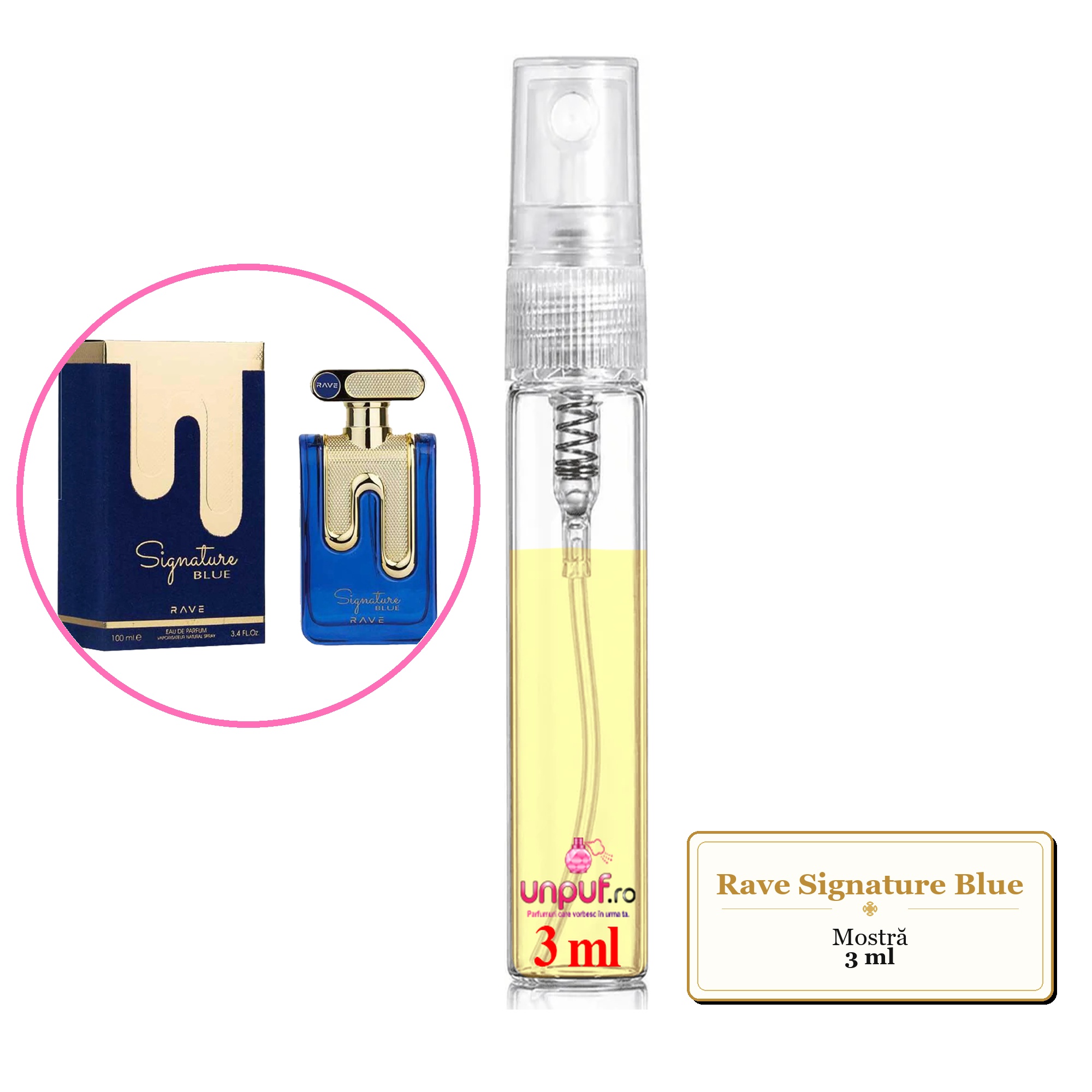Mostra fiola din Parfumul Rave Signature Blue, decant sticla cu pulverizator 