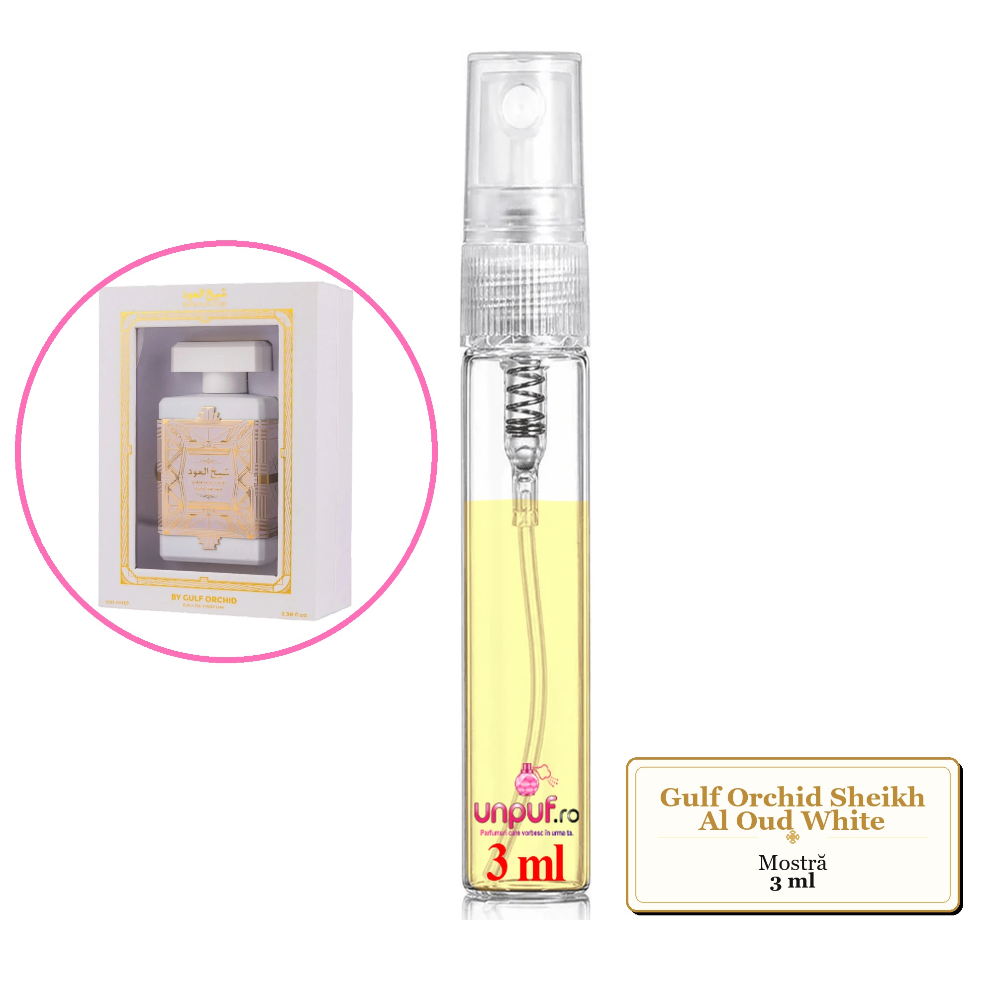 Mostra fiola din Parfumul Gulf Orchid Sheikh Al Oud White, decant sticla cu pulverizator 