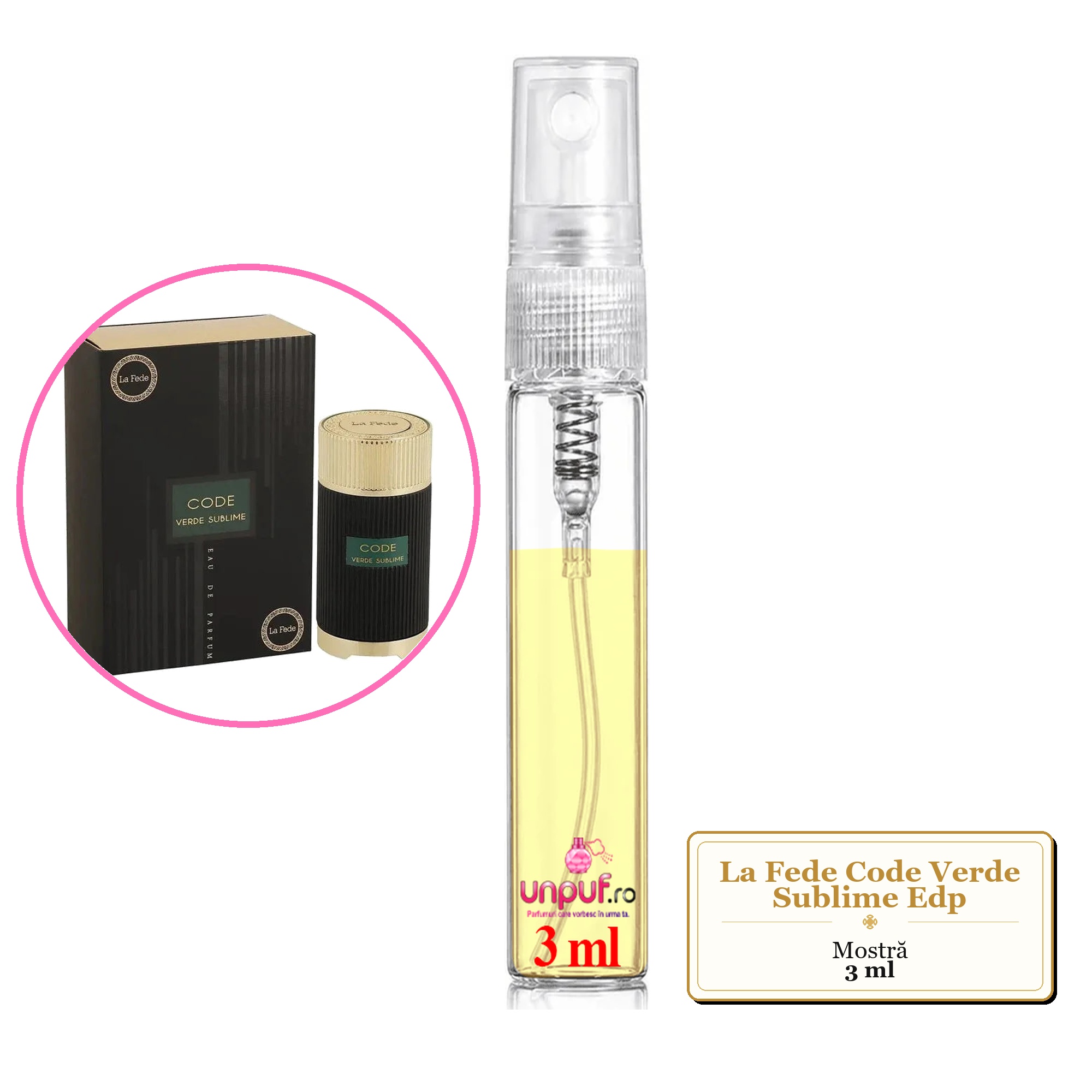 Mostra fiola din Parfumul La Fede Code Verde Sublime Edp, decant sticla cu pulverizator 