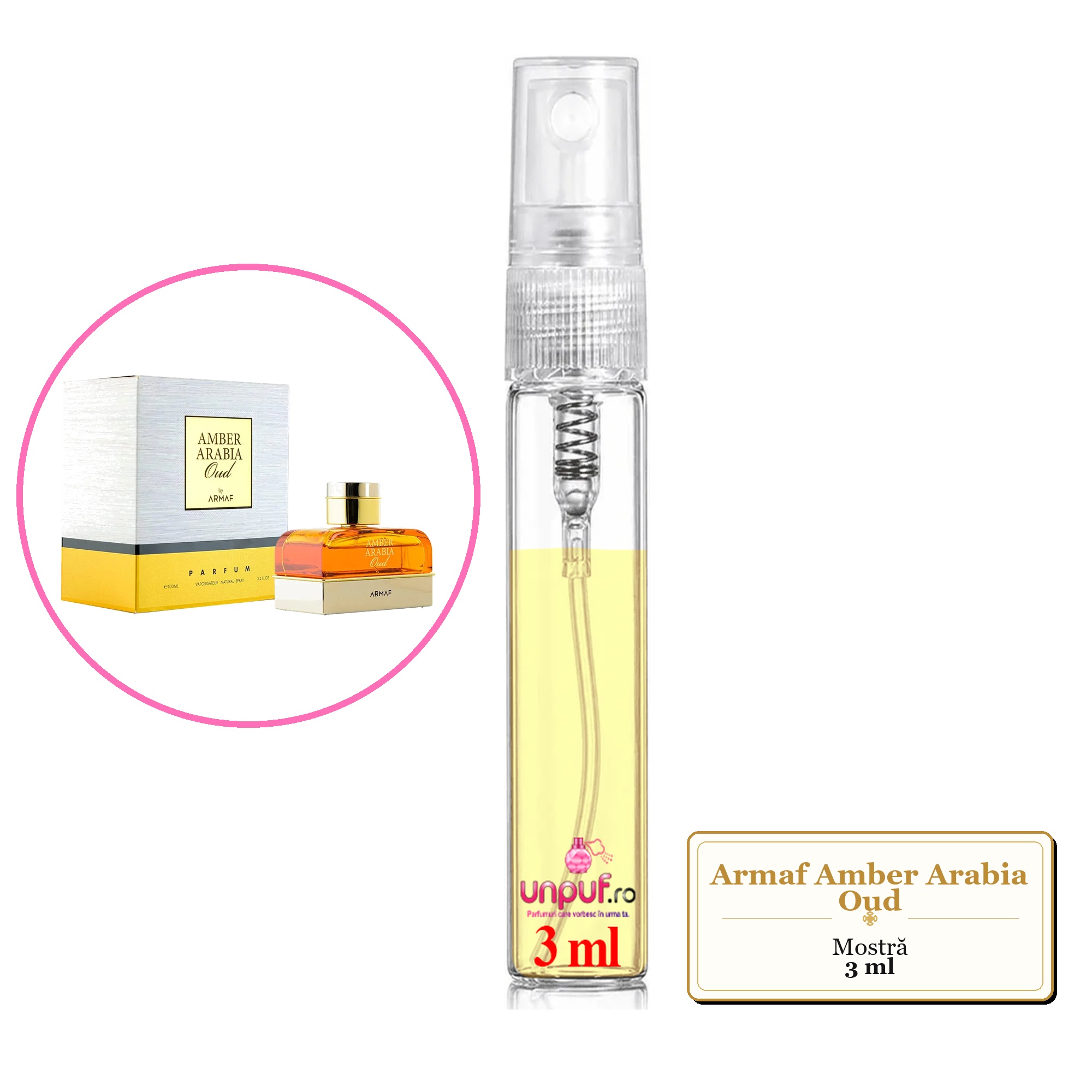 Mostra fiola din Parfumul Armaf Amber Arabia Oud, decant sticla cu pulverizator 