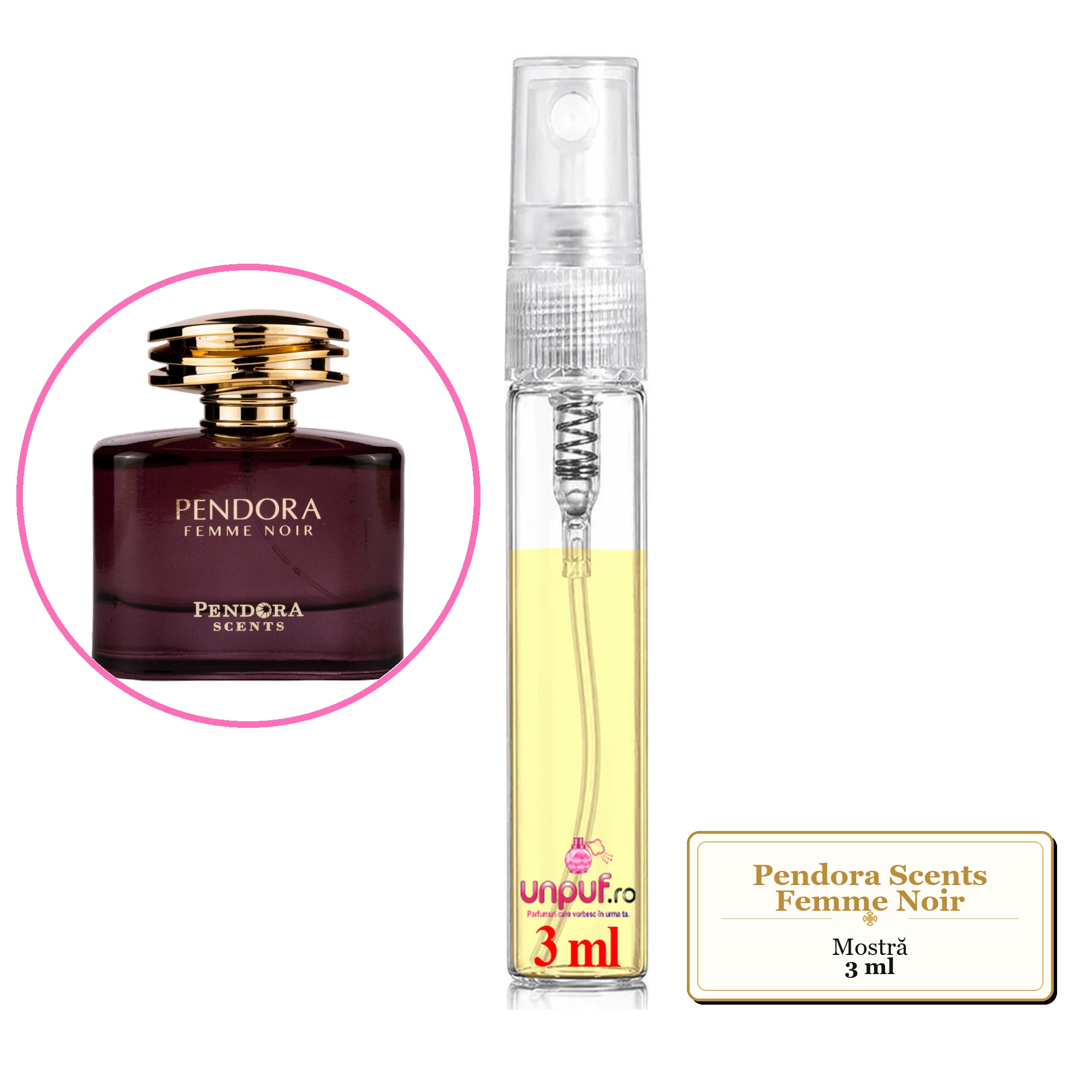 Mostra fiola din Parfumul Pendora Scents Femme Noir, decant sticla cu pulverizator 