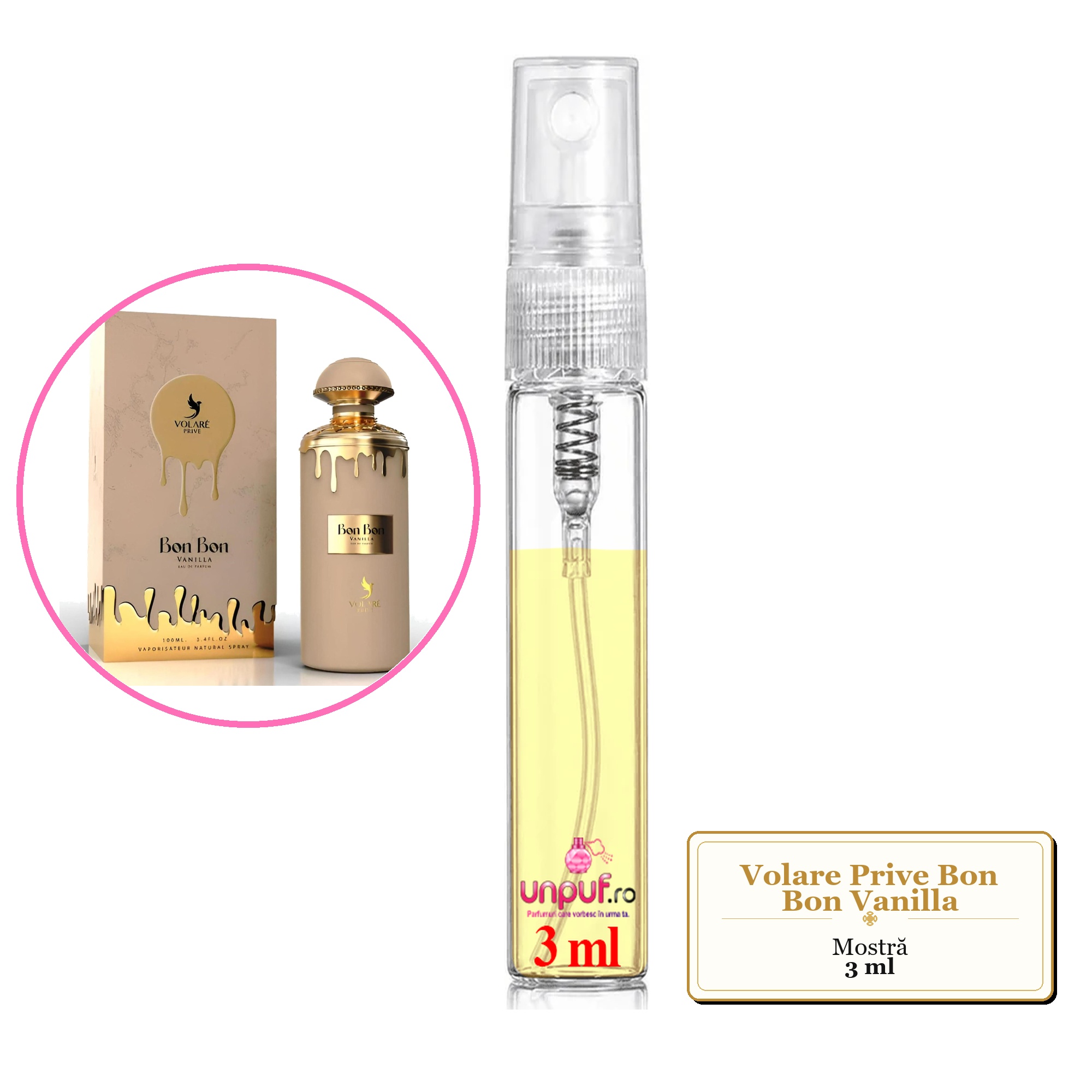Mostra fiola din Parfumul Volare Prive Bon Bon Vanilla, decant sticla cu pulverizator 