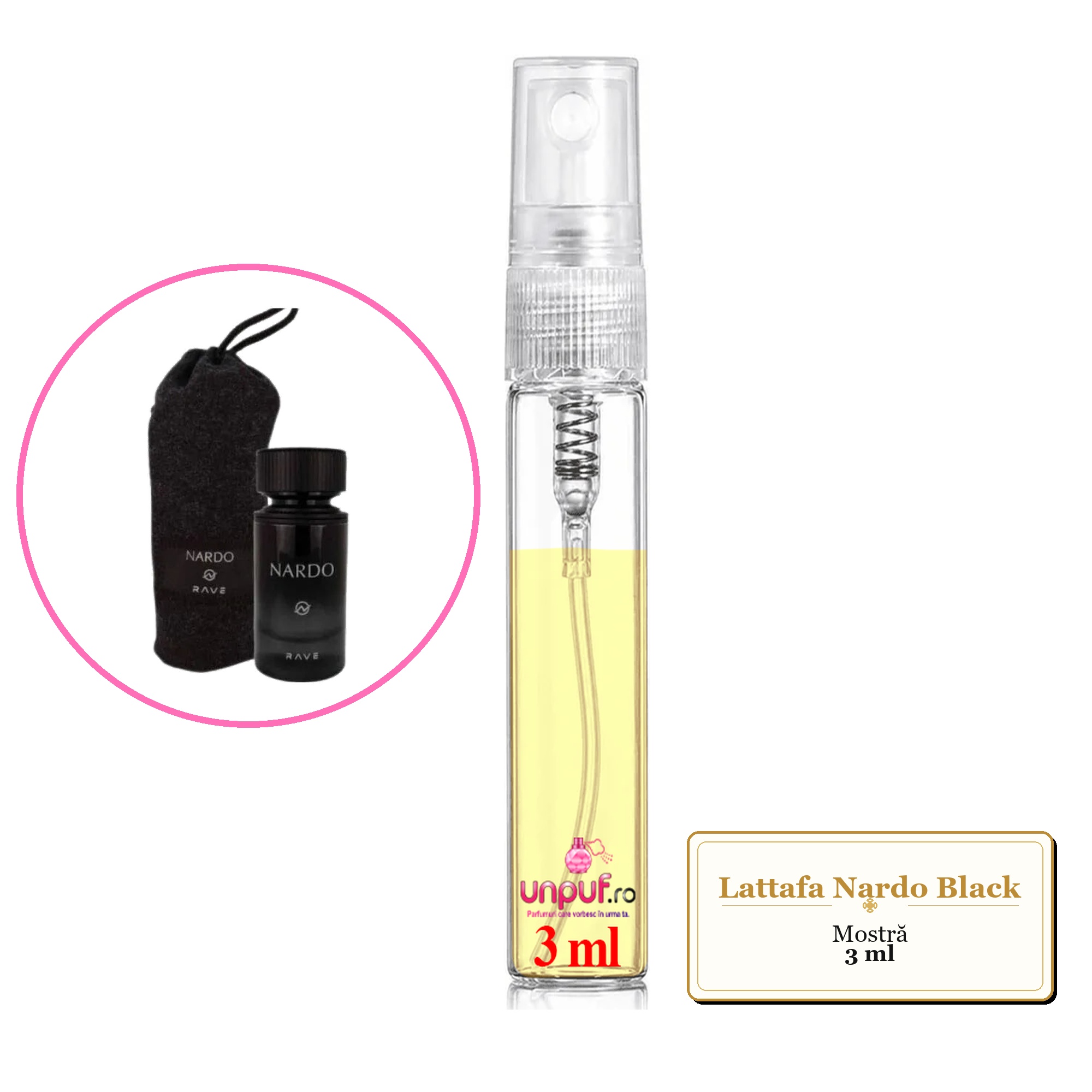 Mostra fiola din Parfumul Lattafa Nardo Black, decant sticla cu pulverizator