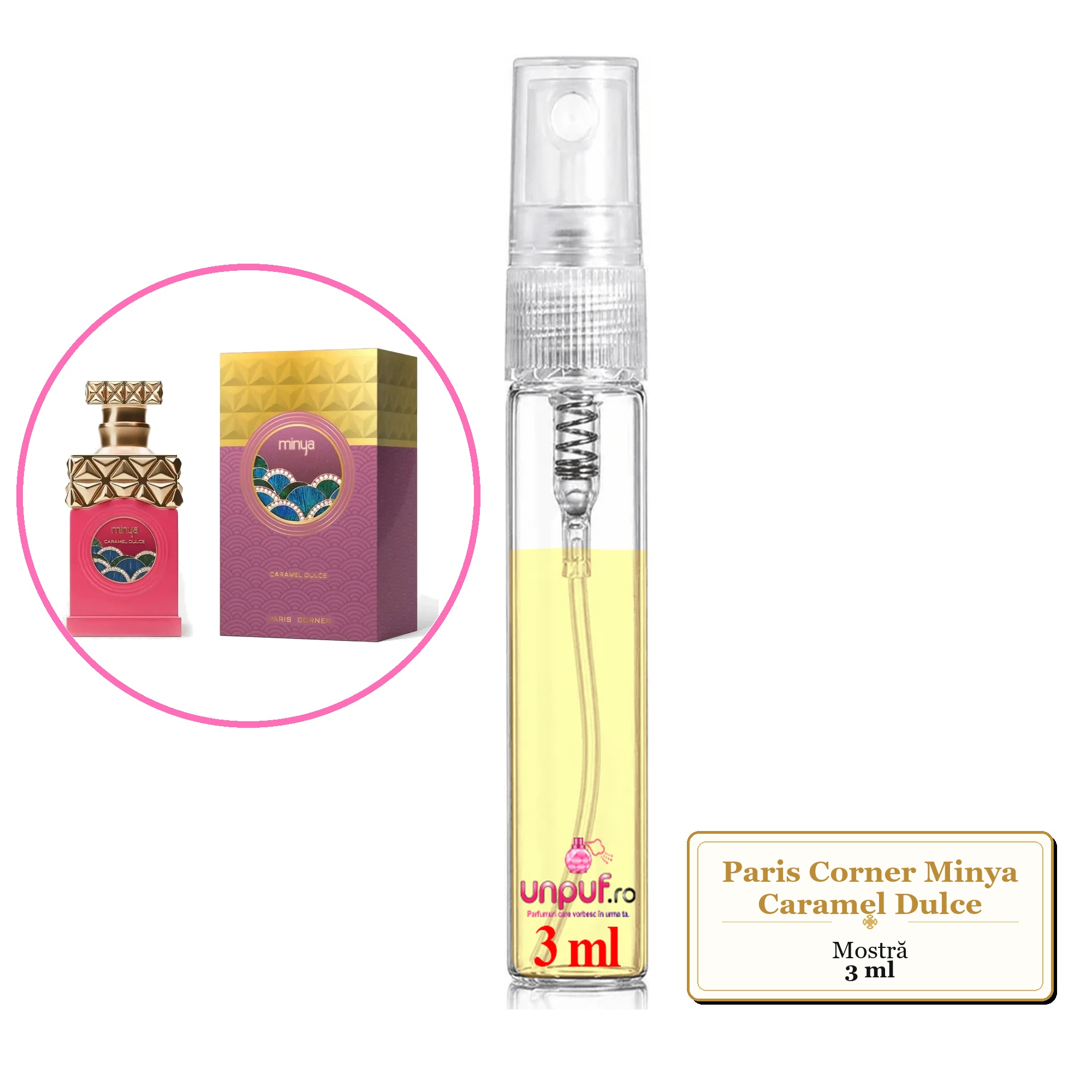 Mostra fiola din Parfumul Paris Corner Minya Caramel Dulce, decant sticla cu pulverizator