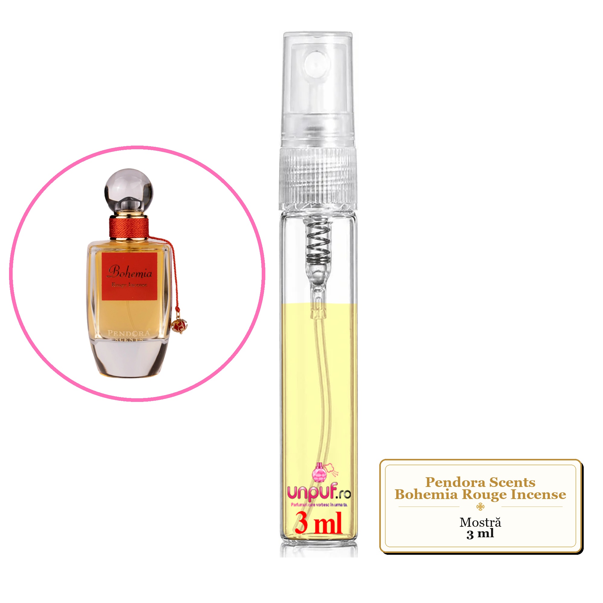 Mostra fiola din Parfumul Pendora Scents Bohemia Rouge Incense, decant sticla cu pulverizator 