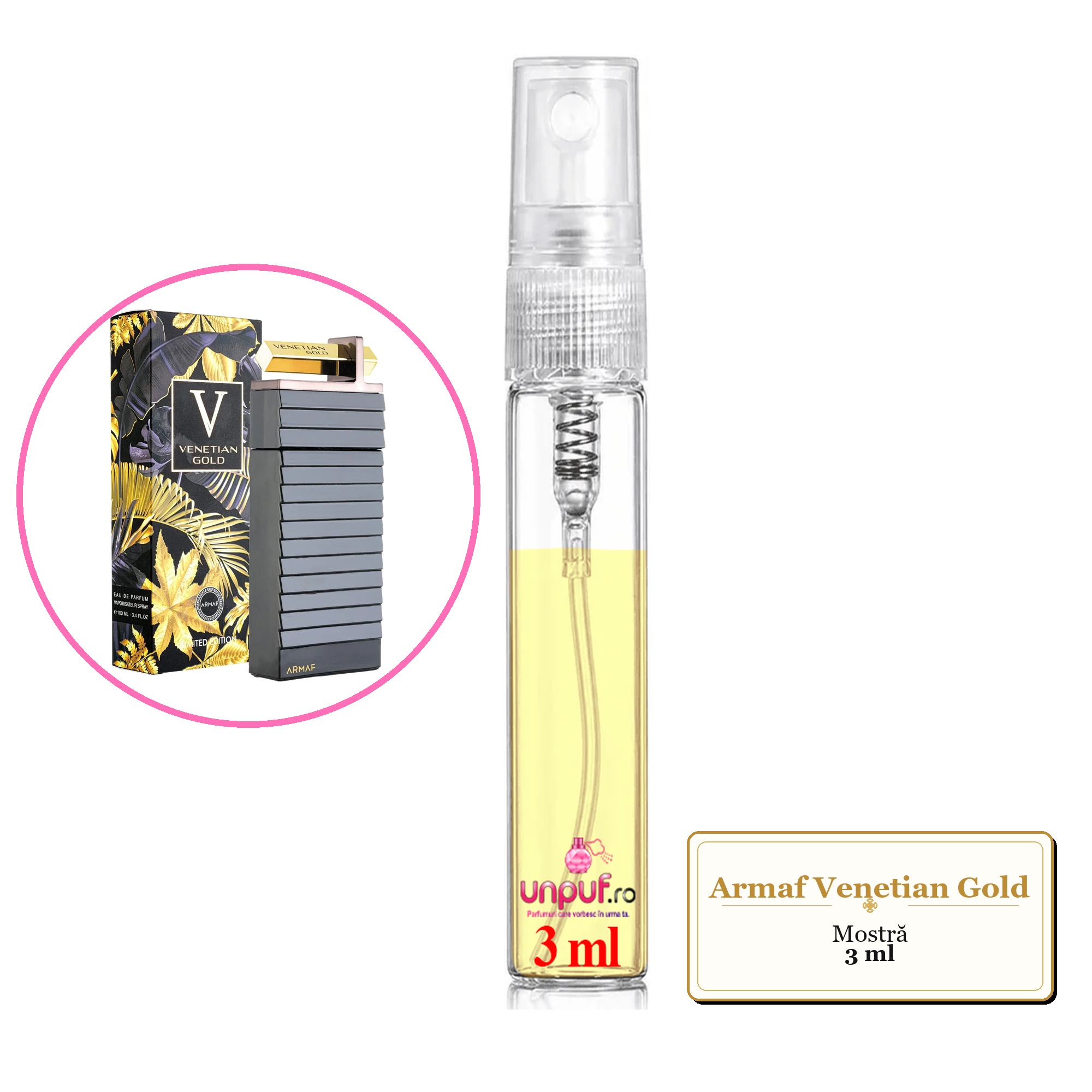 Mostra fiola din Parfumul Armaf Venetian Gold, decant sticla cu pulverizator 