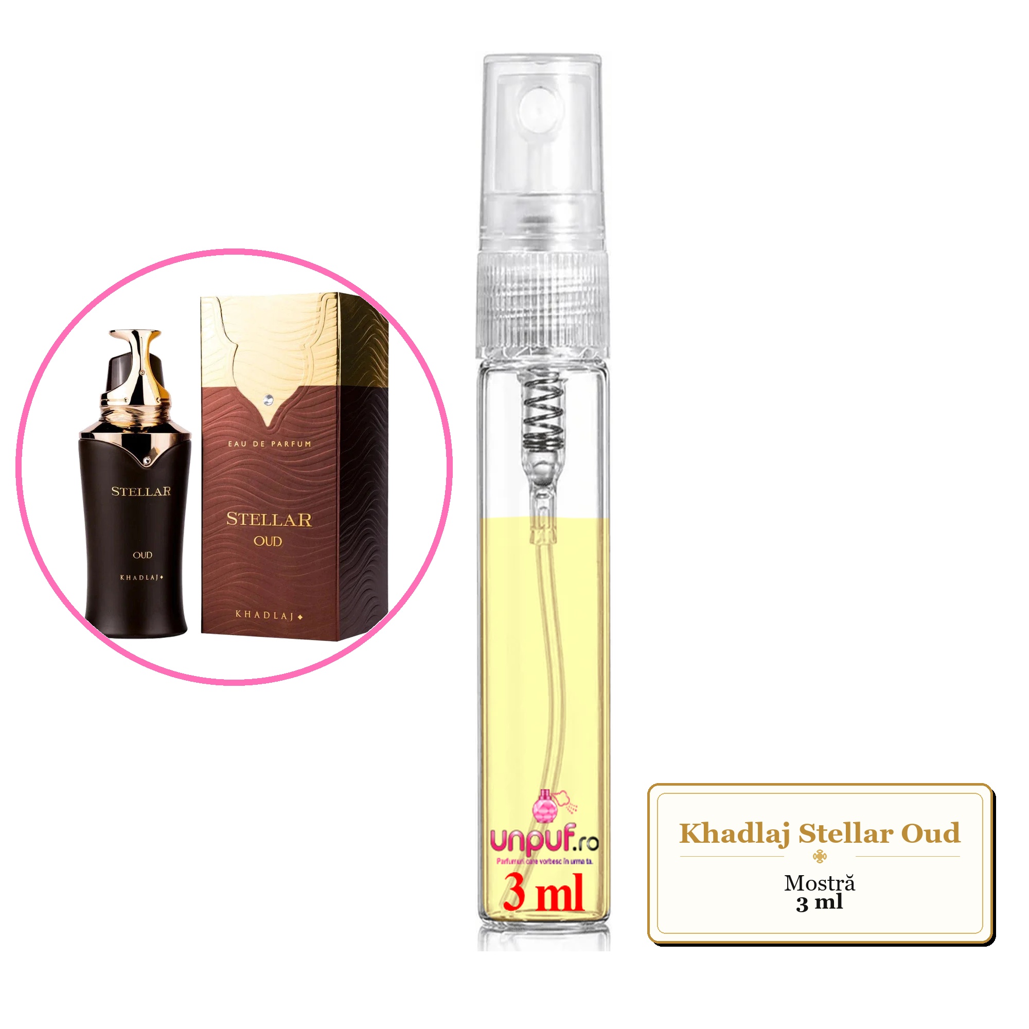 Mostra fiola din Parfumul Khadlaj Stellar Oud, decant sticla cu pulverizator