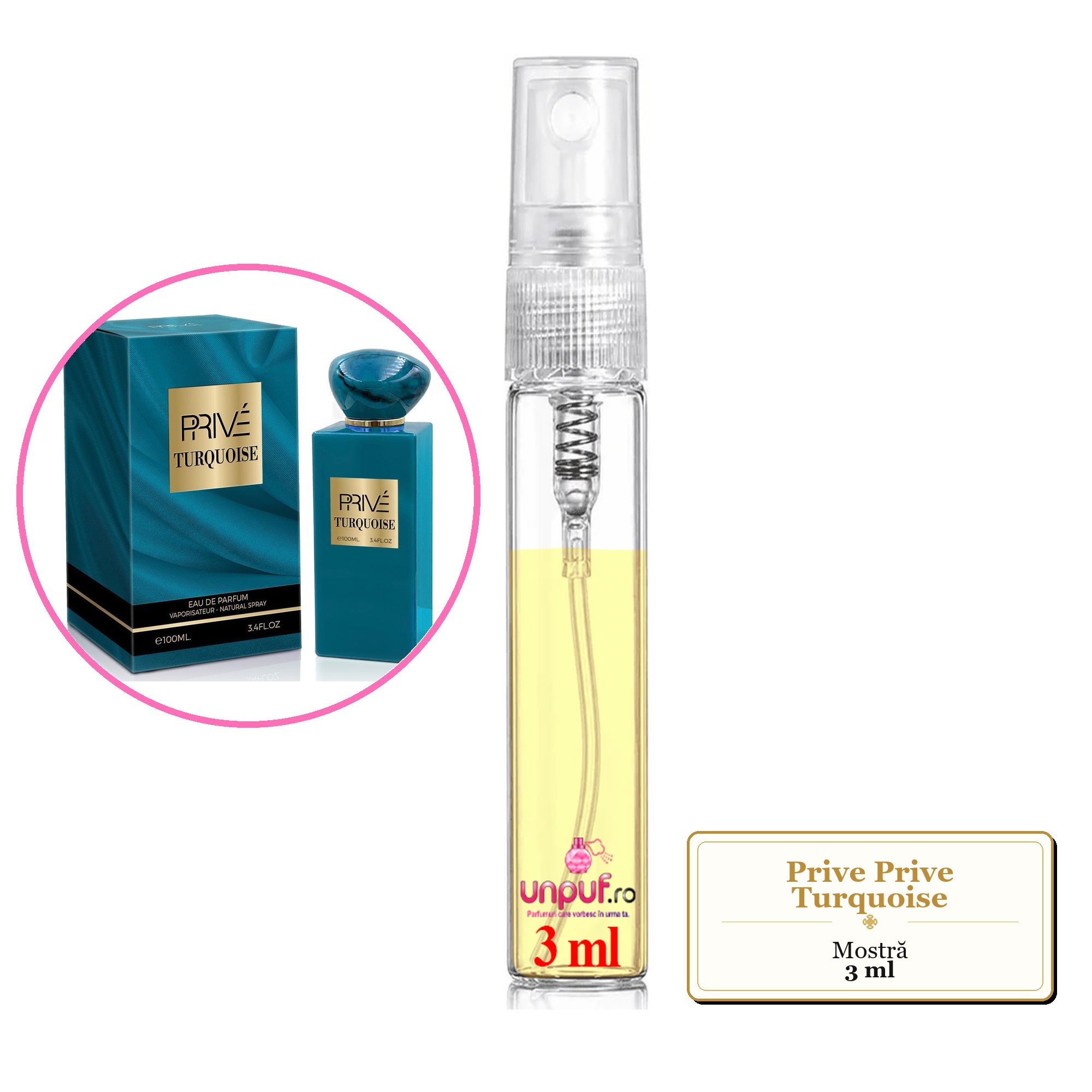 Mostra fiola din Parfumul Prive Prive Turquoise, decant sticla cu pulverizator