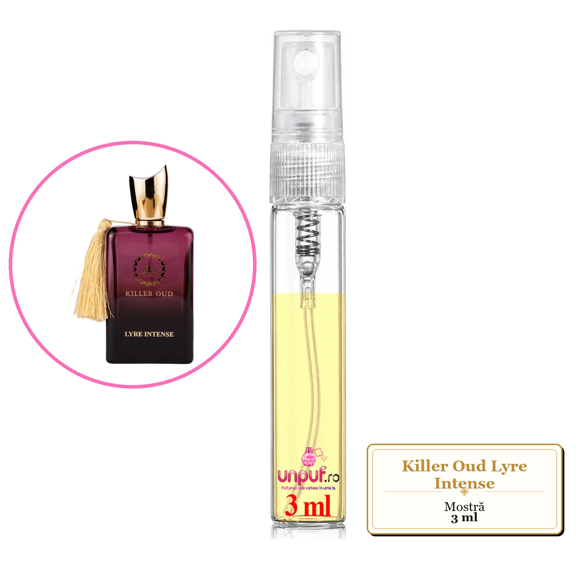 Mostra fiola din Parfumul Killer Oud Lyre Intense, decant sticla cu pulverizator