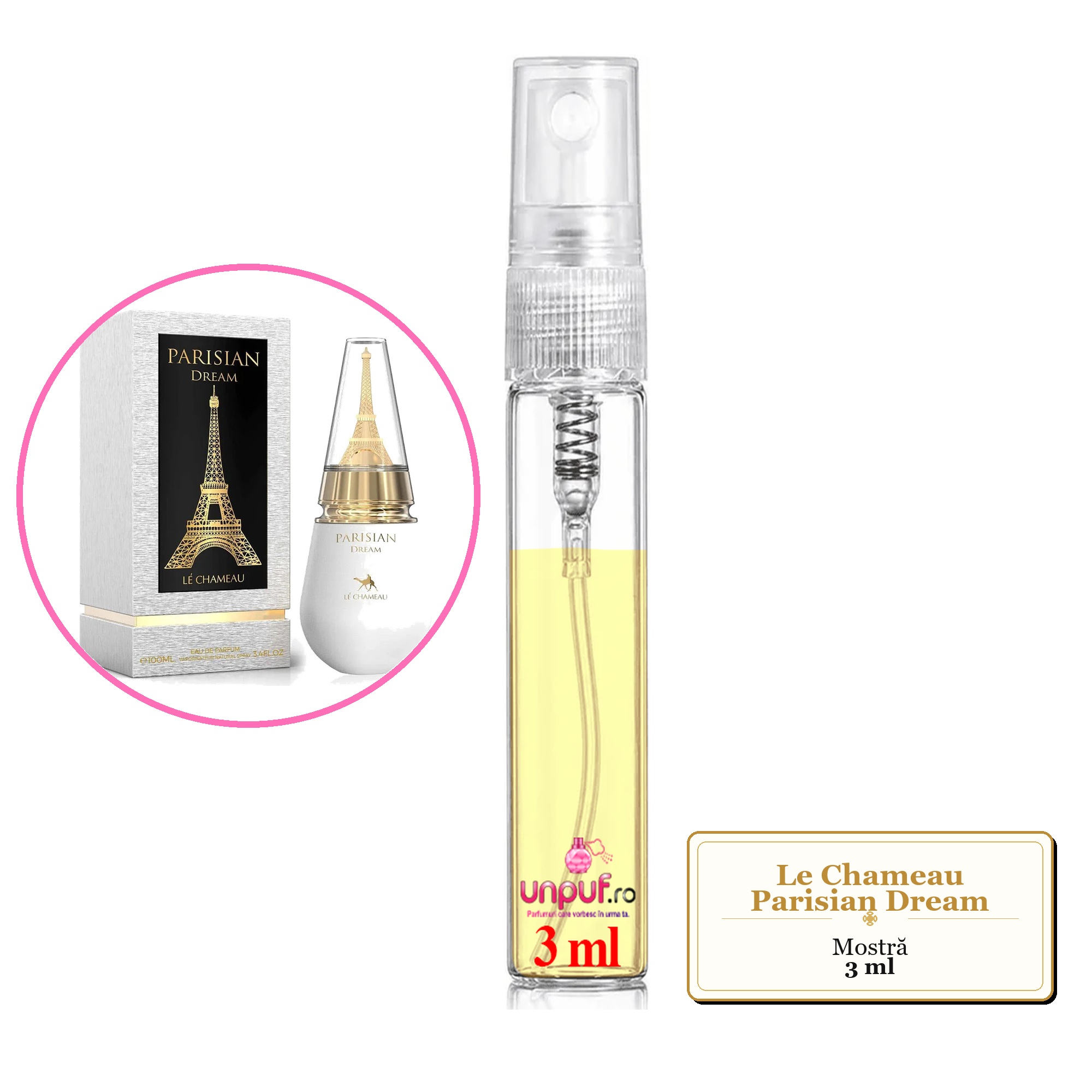 Mostra fiola din Parfumul Le Chameau Parisian Dream, decant sticla cu pulverizator 