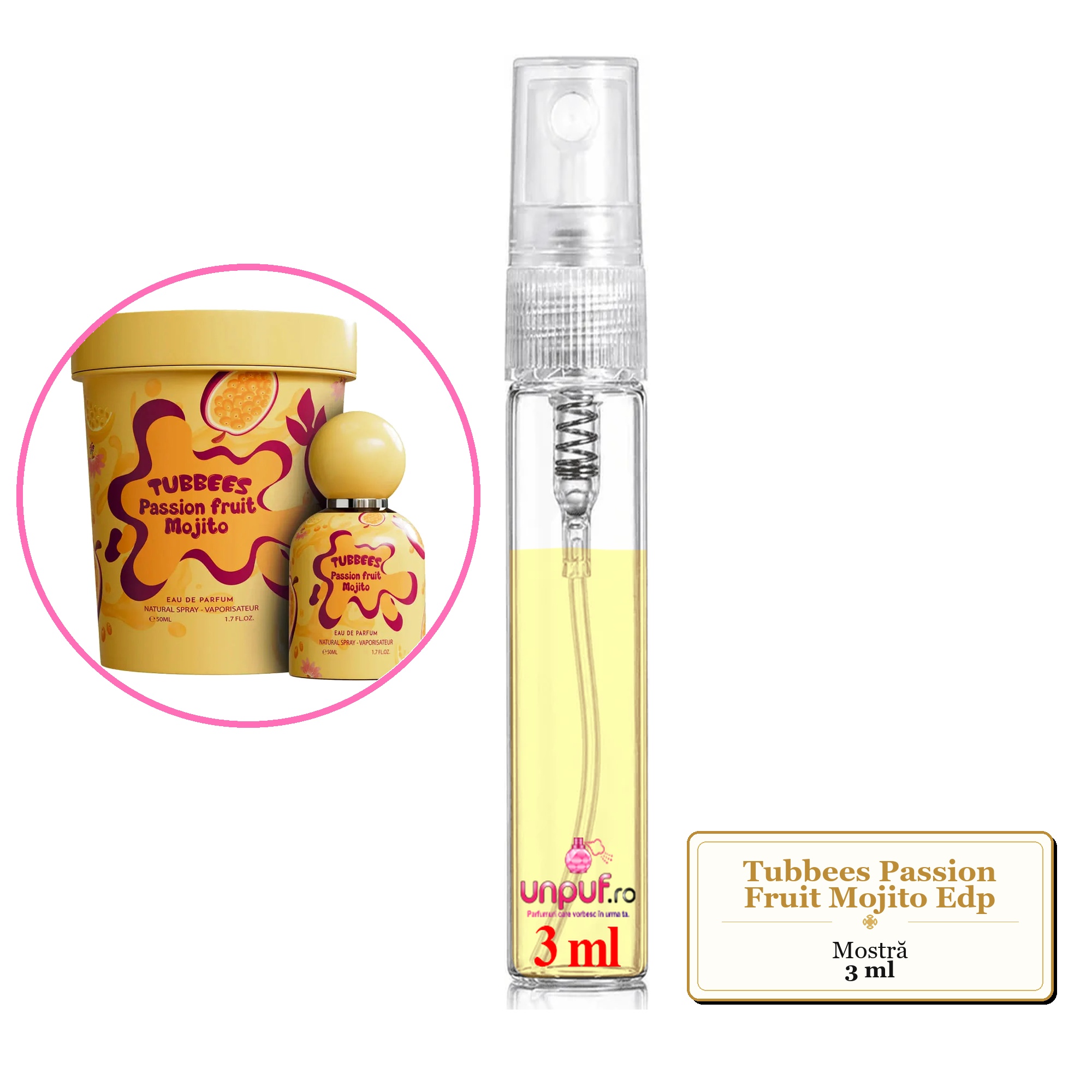 Mostra fiola din Parfumul Tubbees Passion Fruit Mojito Edp, decant sticla cu pulverizator
