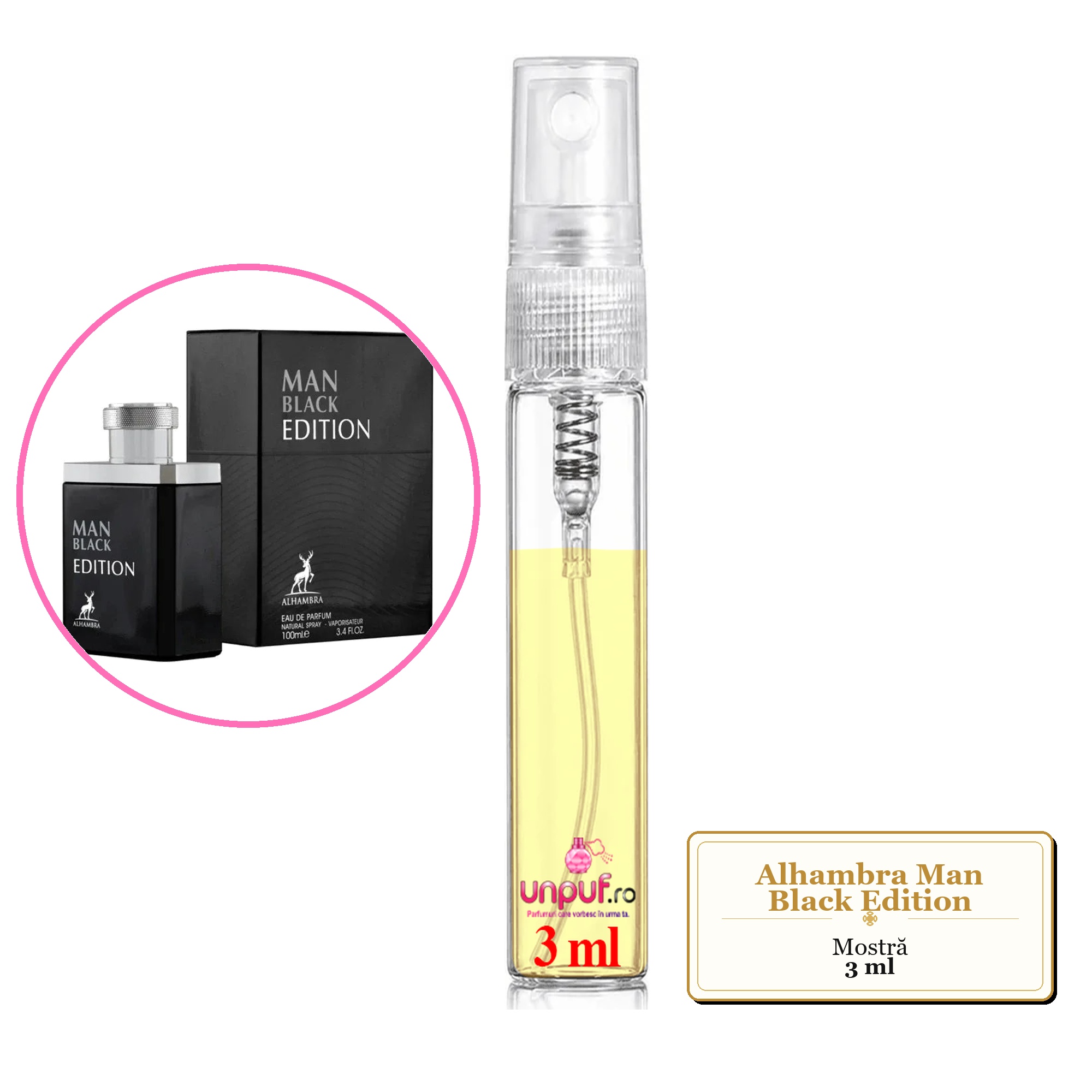 Mostra fiola din Parfumul Alhambra Man Black Edition, decant sticla cu pulverizator