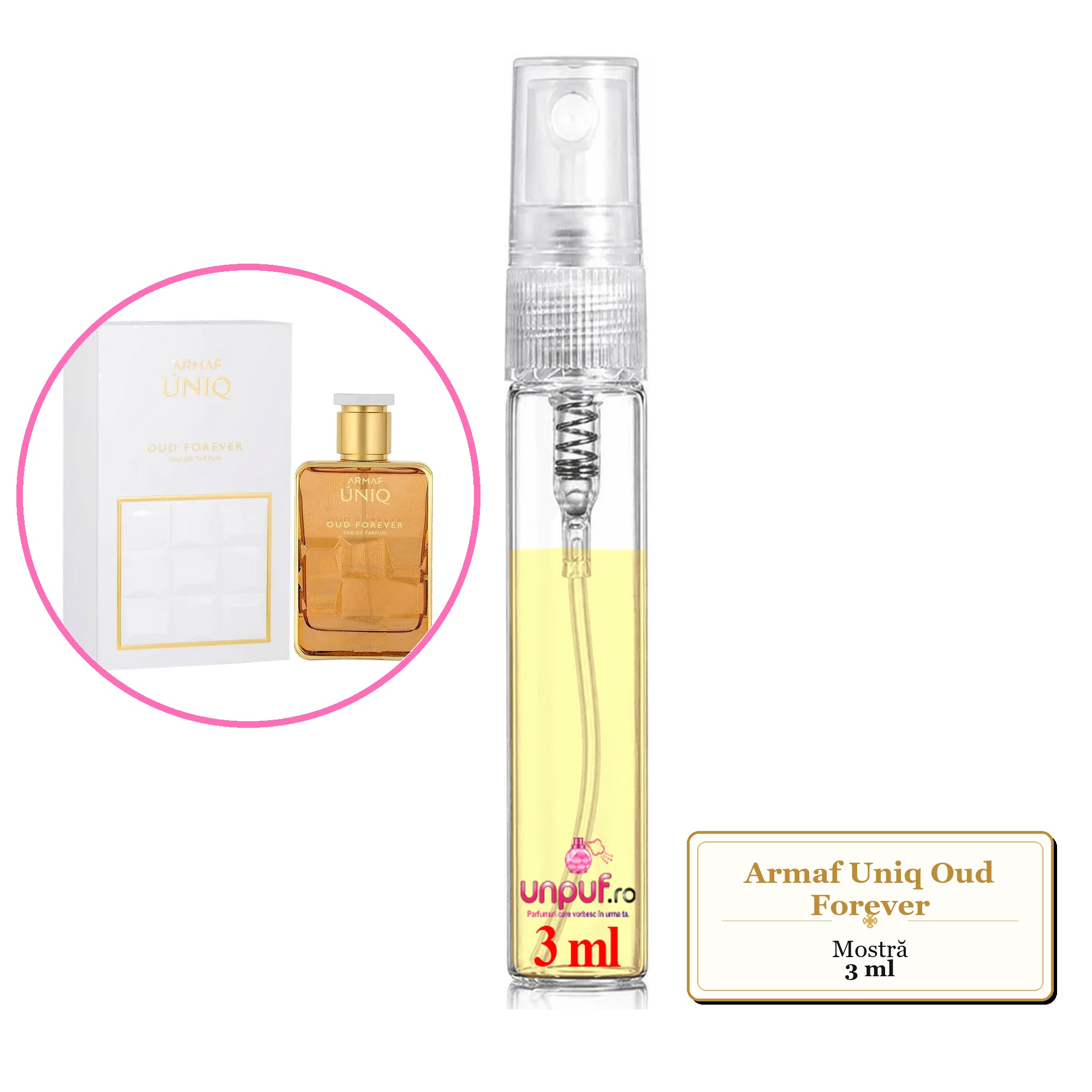 Mostra fiola din Parfumul Armaf Uniq Oud Forever, decant sticla cu pulverizator