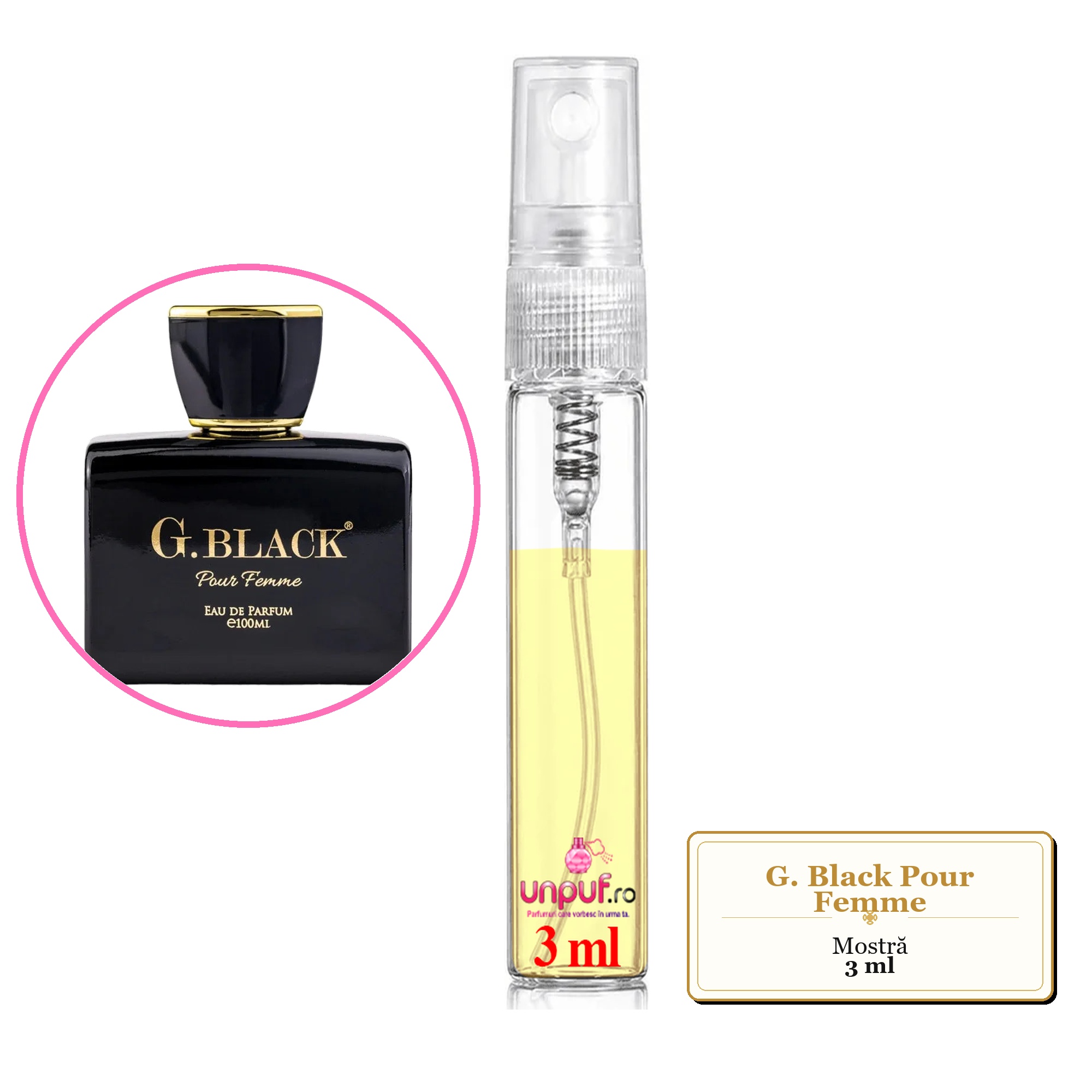 Mostra fiola din Parfumul G. Black Pour Femme, decant sticla cu pulverizator 