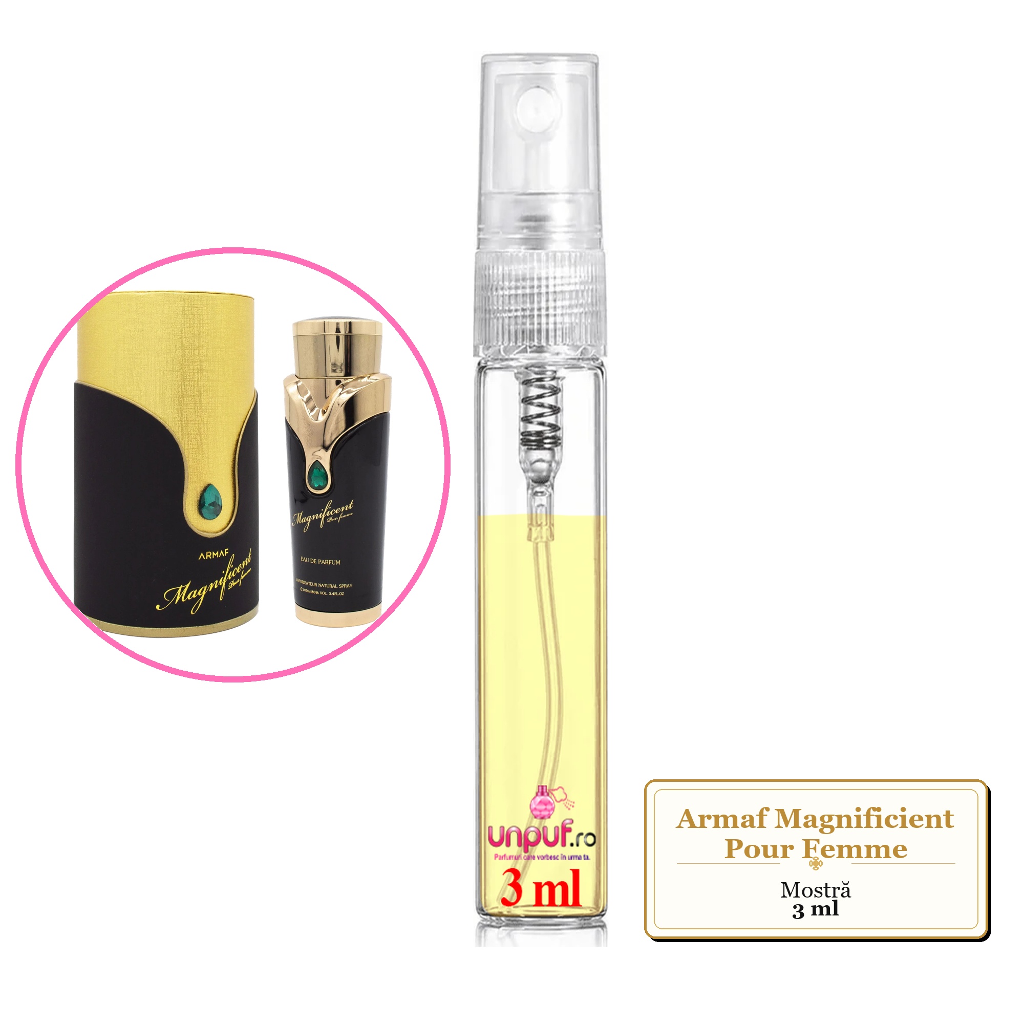 Mostra fiola din Parfumul Armaf Magnificient Pour Femme, decant sticla cu pulverizator
