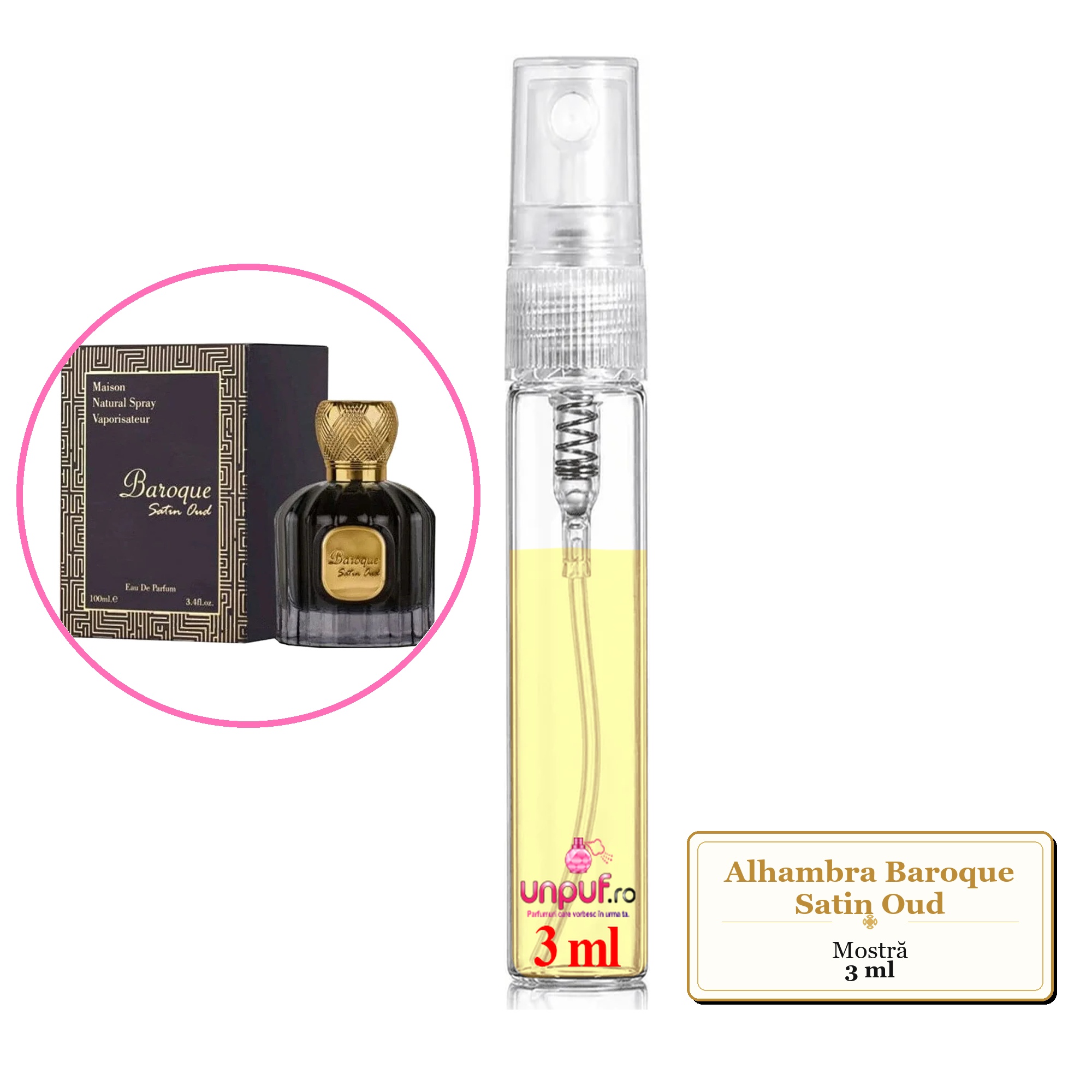 Mostra fiola din Parfumul Alhambra Baroque Satin Oud, decant sticla cu pulverizator