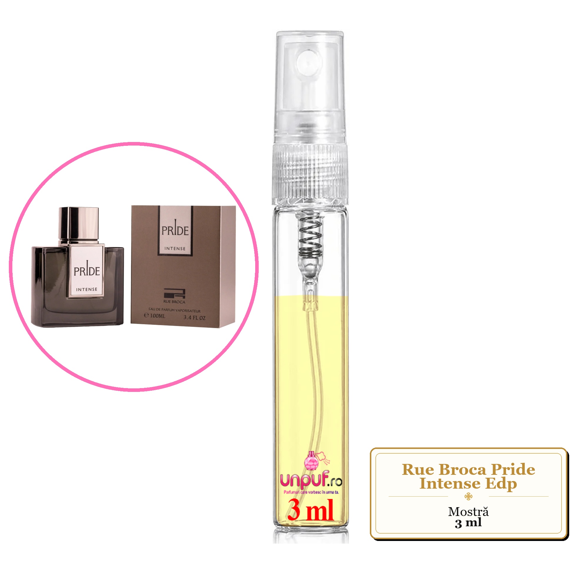 Mostra fiola din Parfumul Rue Broca Pride Intense Edp, decant sticla cu pulverizator 