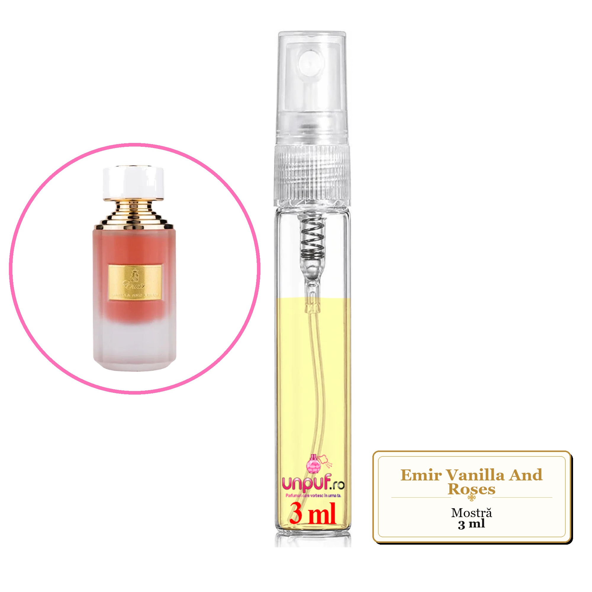 Mostra fiola din Parfumul Emir Vanilla And Roses, decant sticla cu pulverizator
