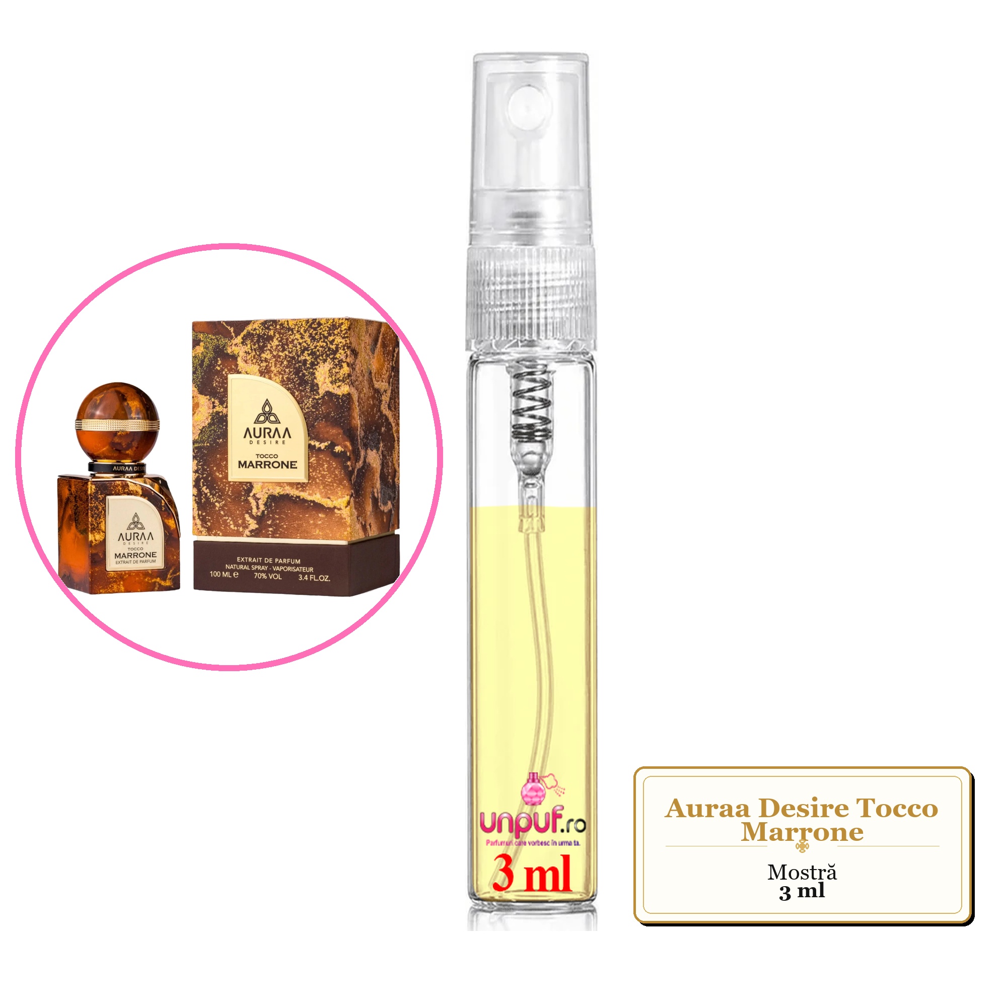 Mostra fiola din Parfumul Auraa Desire Tocco Marrone, decant sticla cu pulverizator 