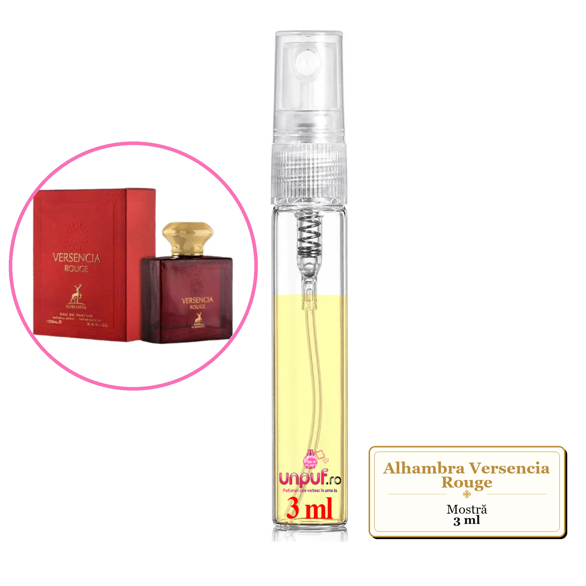 Mostra fiola din Parfumul Alhambra Versencia Rouge, decant sticla cu pulverizator 