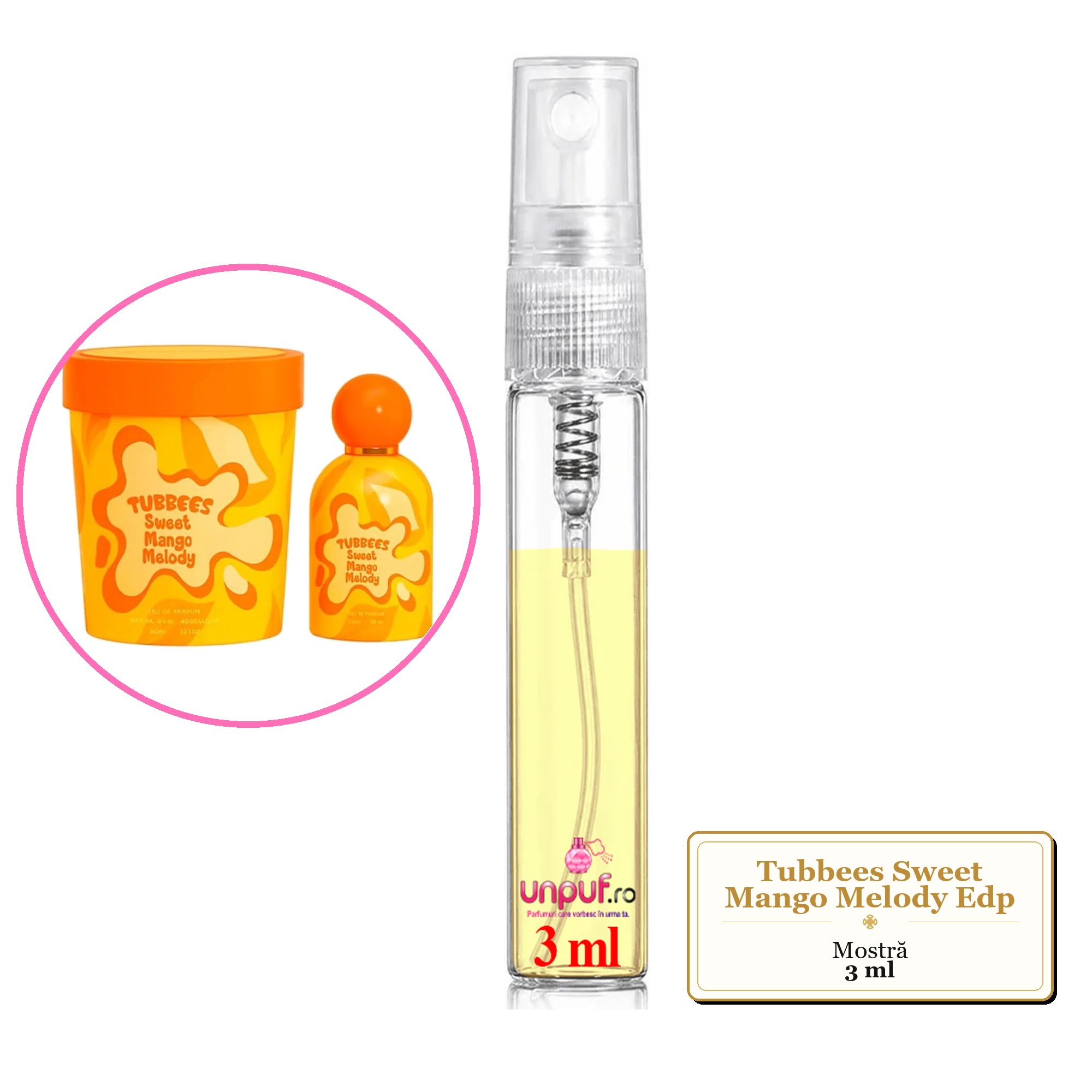 Mostra fiola din Parfumul Tubbees Sweet Mango Melody Edp, decant sticla cu pulverizator