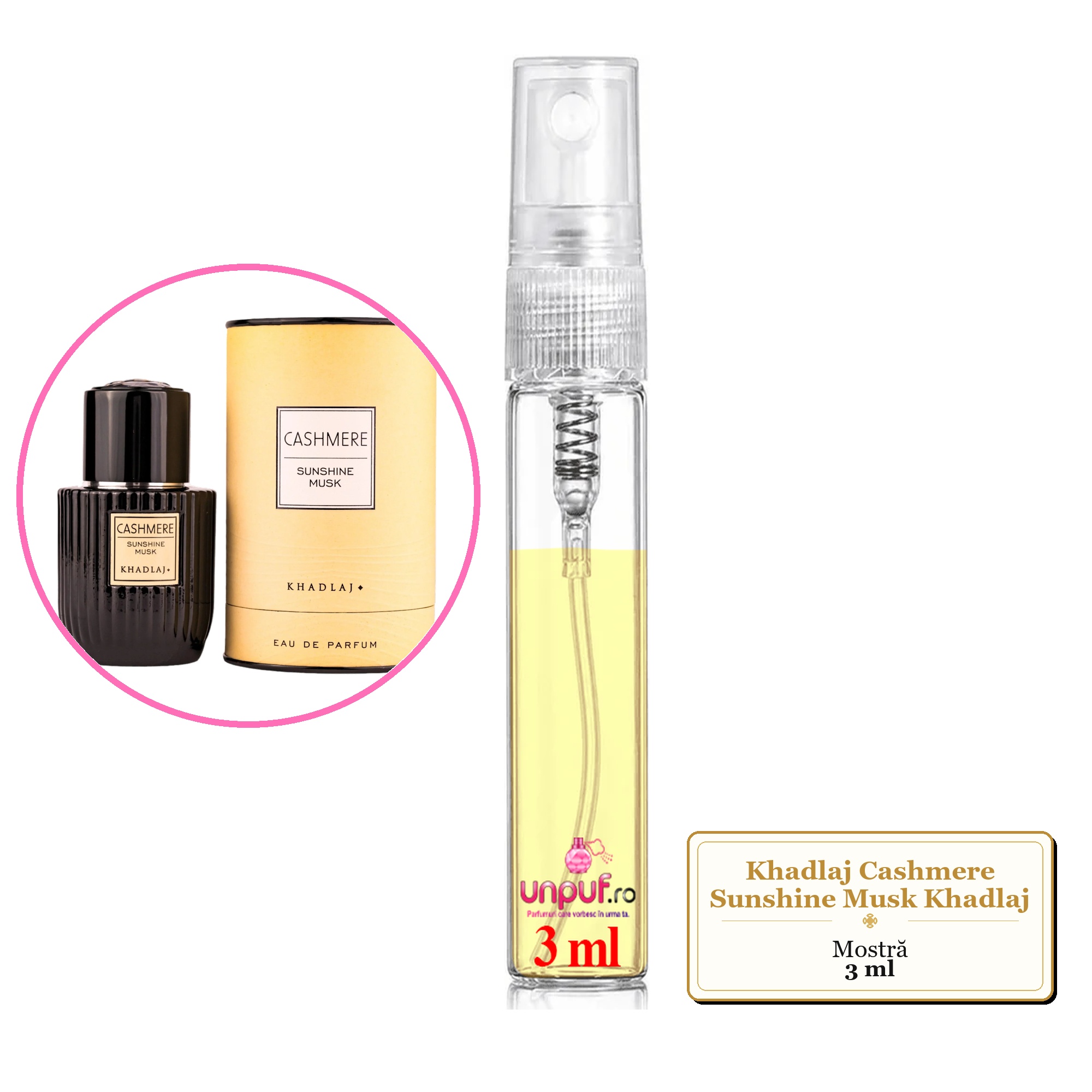 Mostra fiola din Parfumul Khadlaj Cashmere Sunshine Musk Khadlaj, decant sticla cu pulverizator 