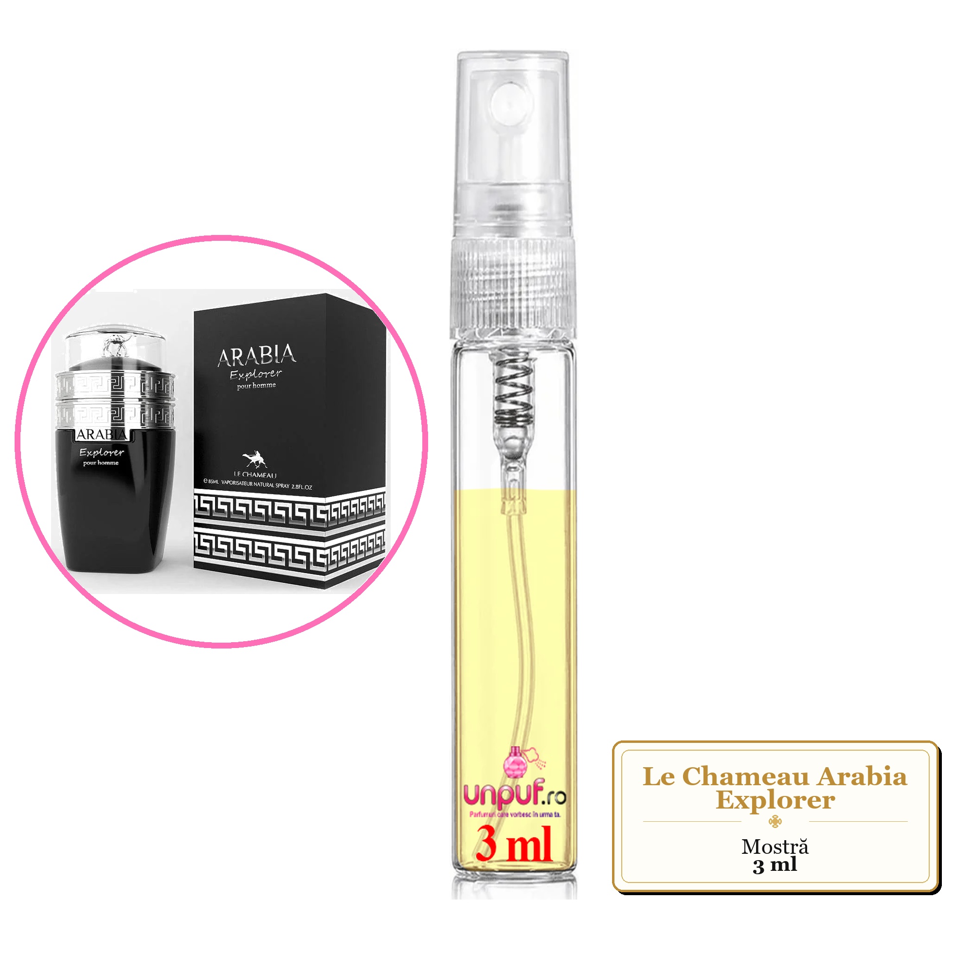 Mostra fiola din Parfumul Le Chameau Arabia Explorer, decant sticla cu pulverizator 