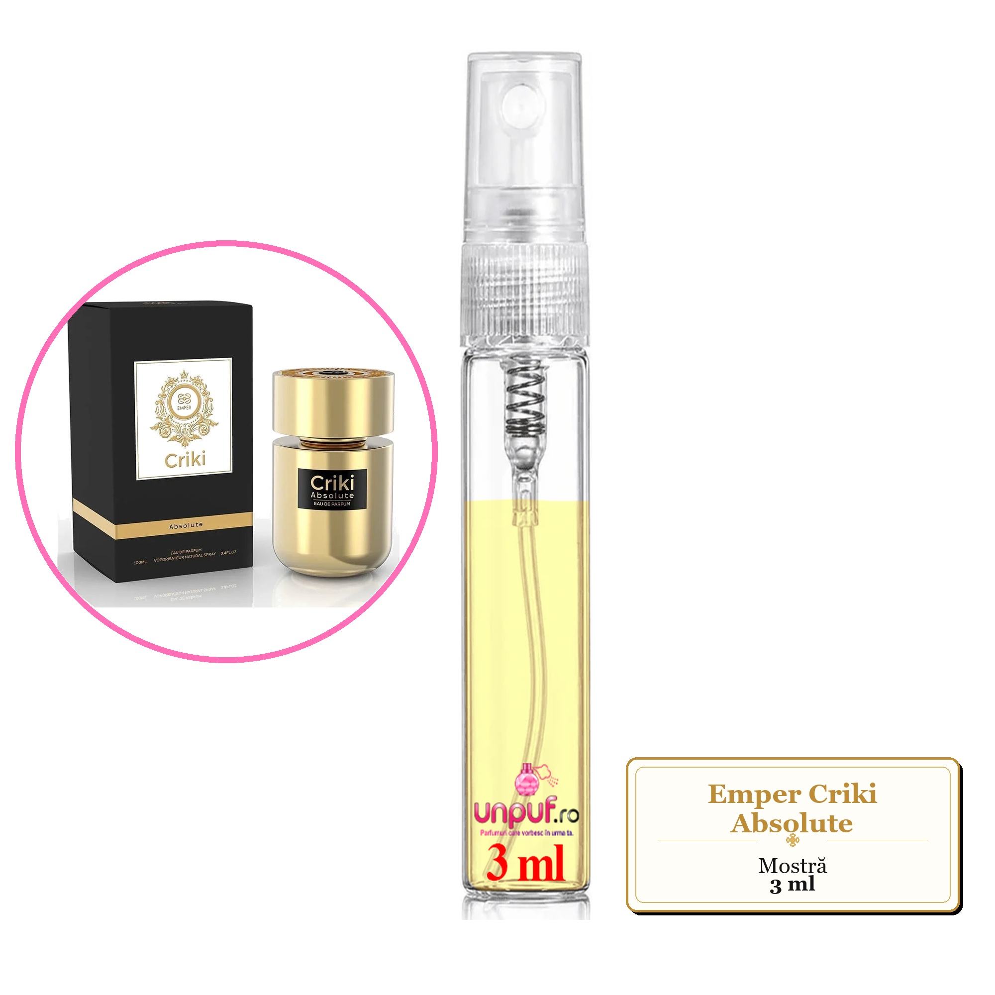 Mostra fiola din Parfumul Emper Criki Absolute, decant sticla cu pulverizator