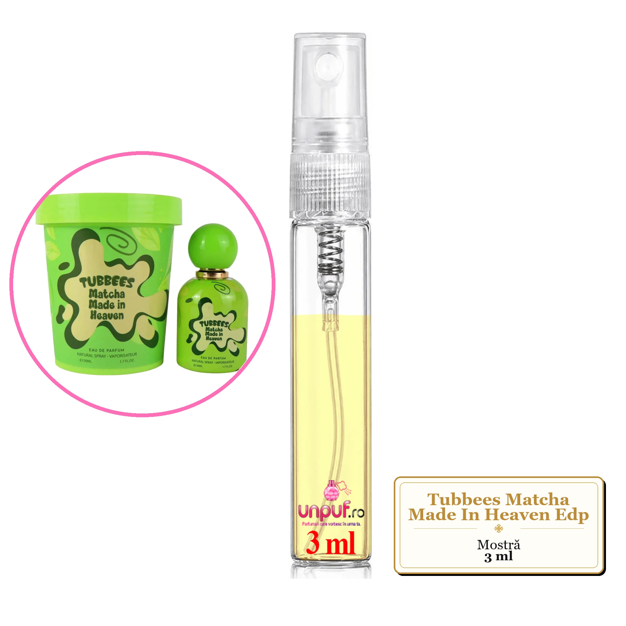 Mostra fiola din Parfumul Tubbees Matcha Made In Heaven Edp, decant sticla cu pulverizator