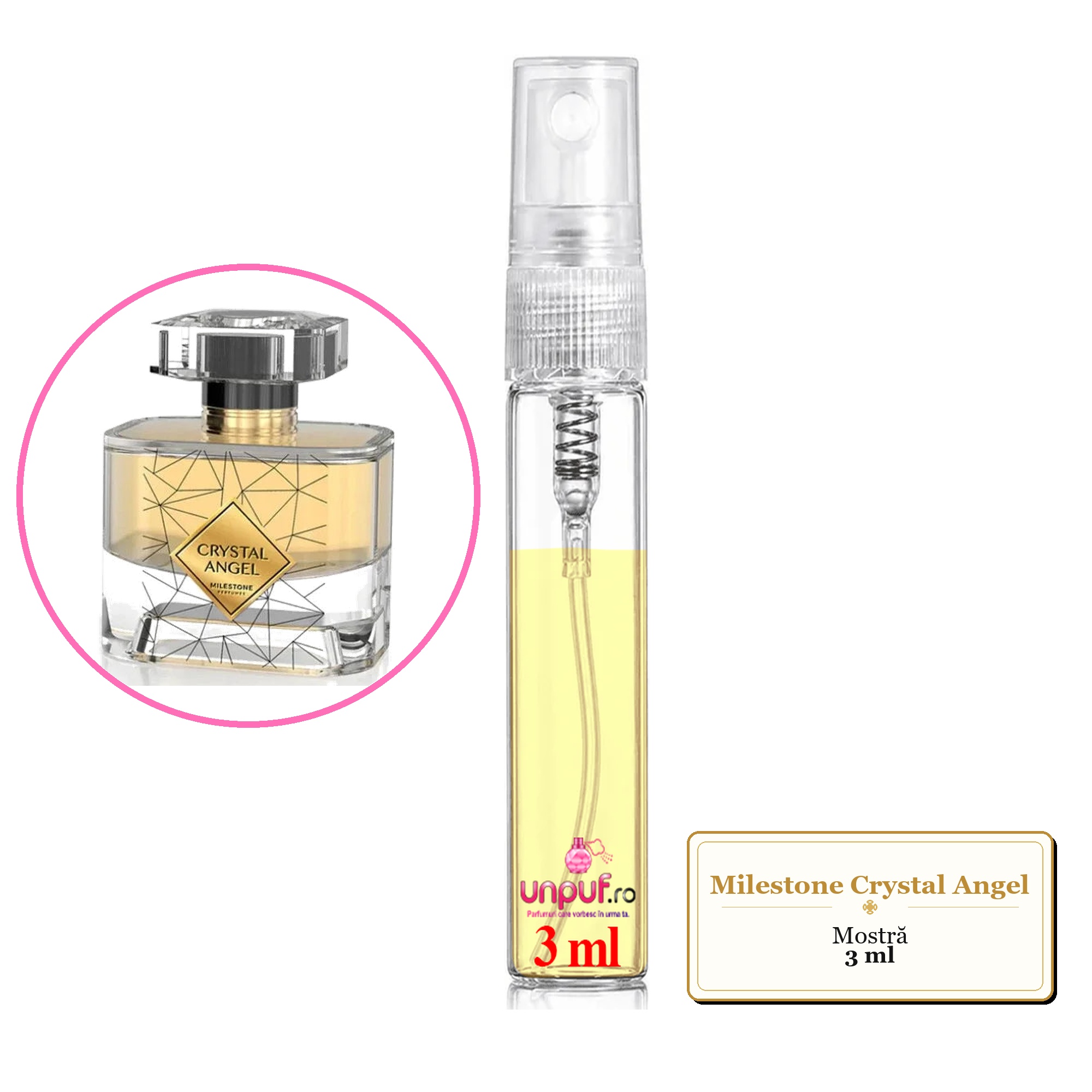 Mostra fiola din Parfumul Milestone Crystal Angel, decant sticla cu pulverizator