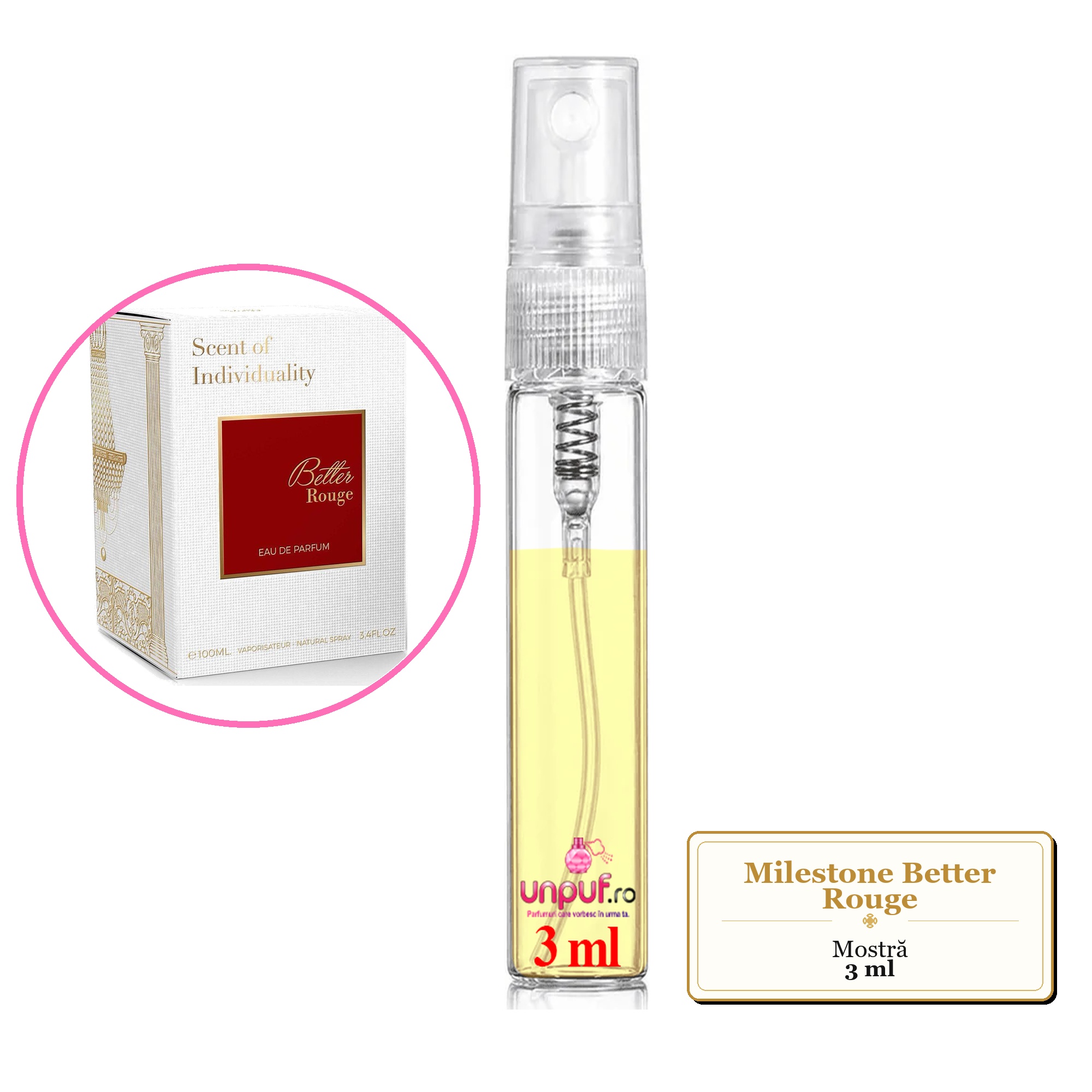 Mostra fiola din Parfumul Milestone Better Rouge, decant sticla cu pulverizator 