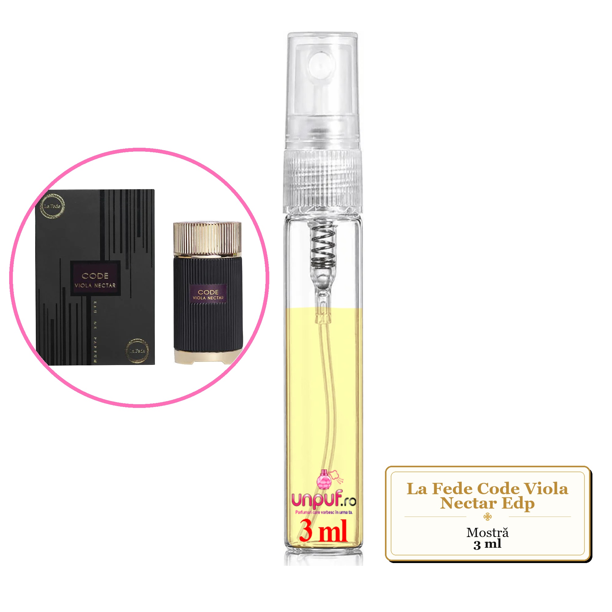 Mostra fiola din Parfumul La Fede Code Viola Nectar Edp, decant sticla cu pulverizator 