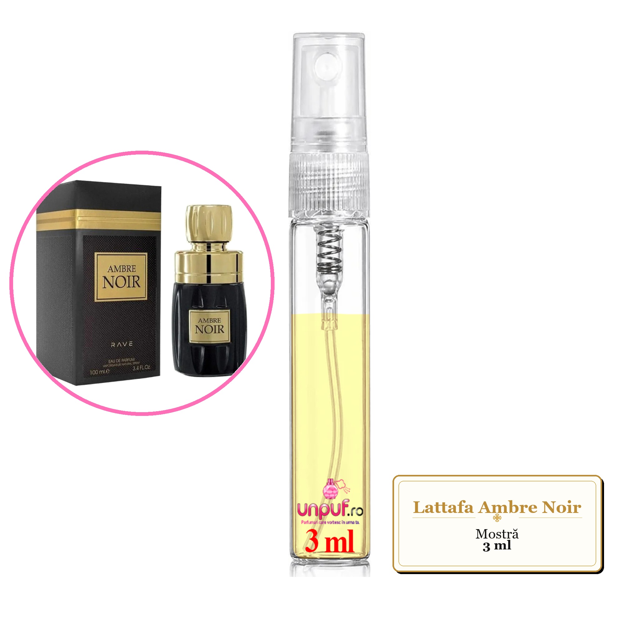 Mostra fiola din Parfumul Lattafa Ambre Noir, decant sticla cu pulverizator
