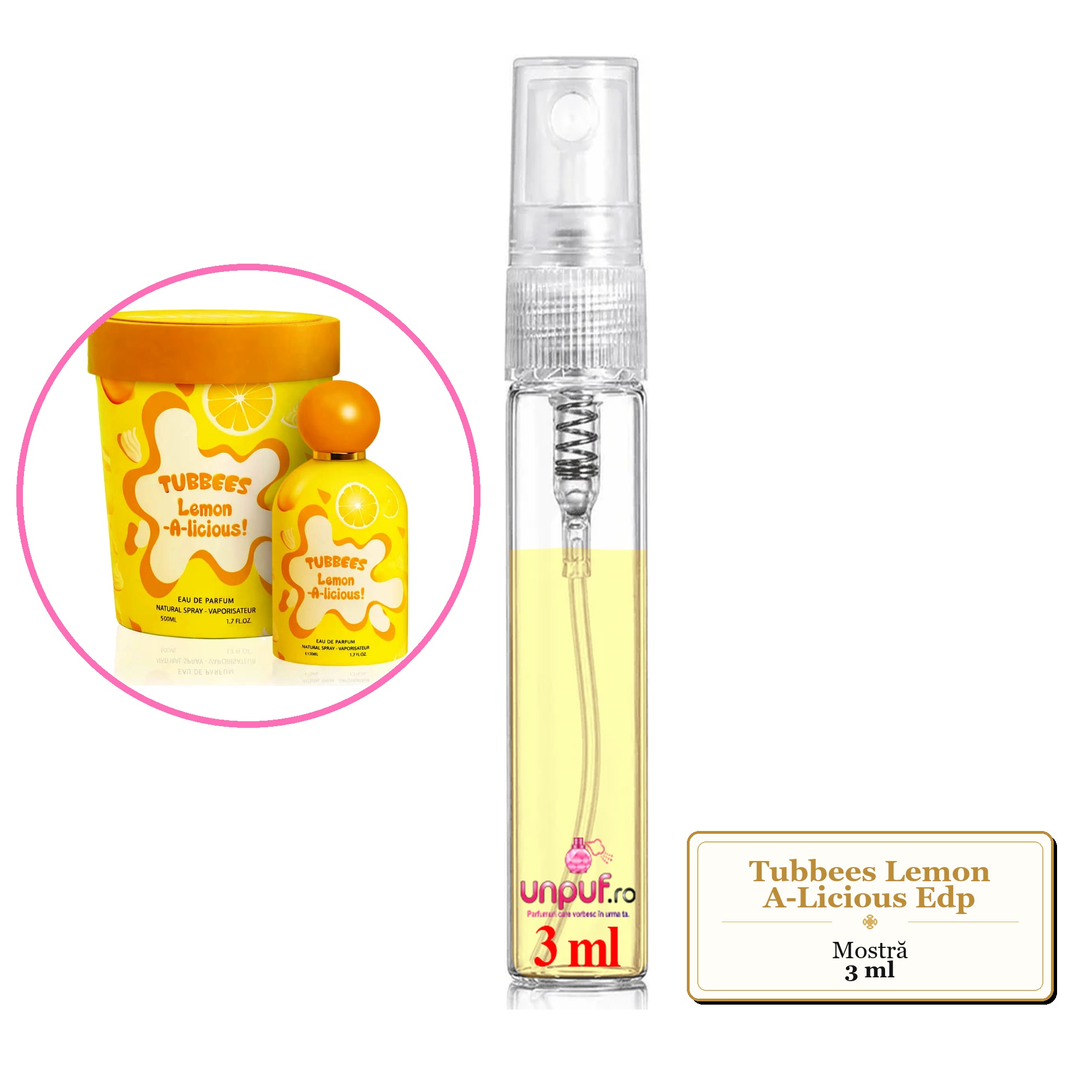 Mostra fiola din Parfumul Tubbees Lemon A-Licious Edp, decant sticla cu pulverizator 