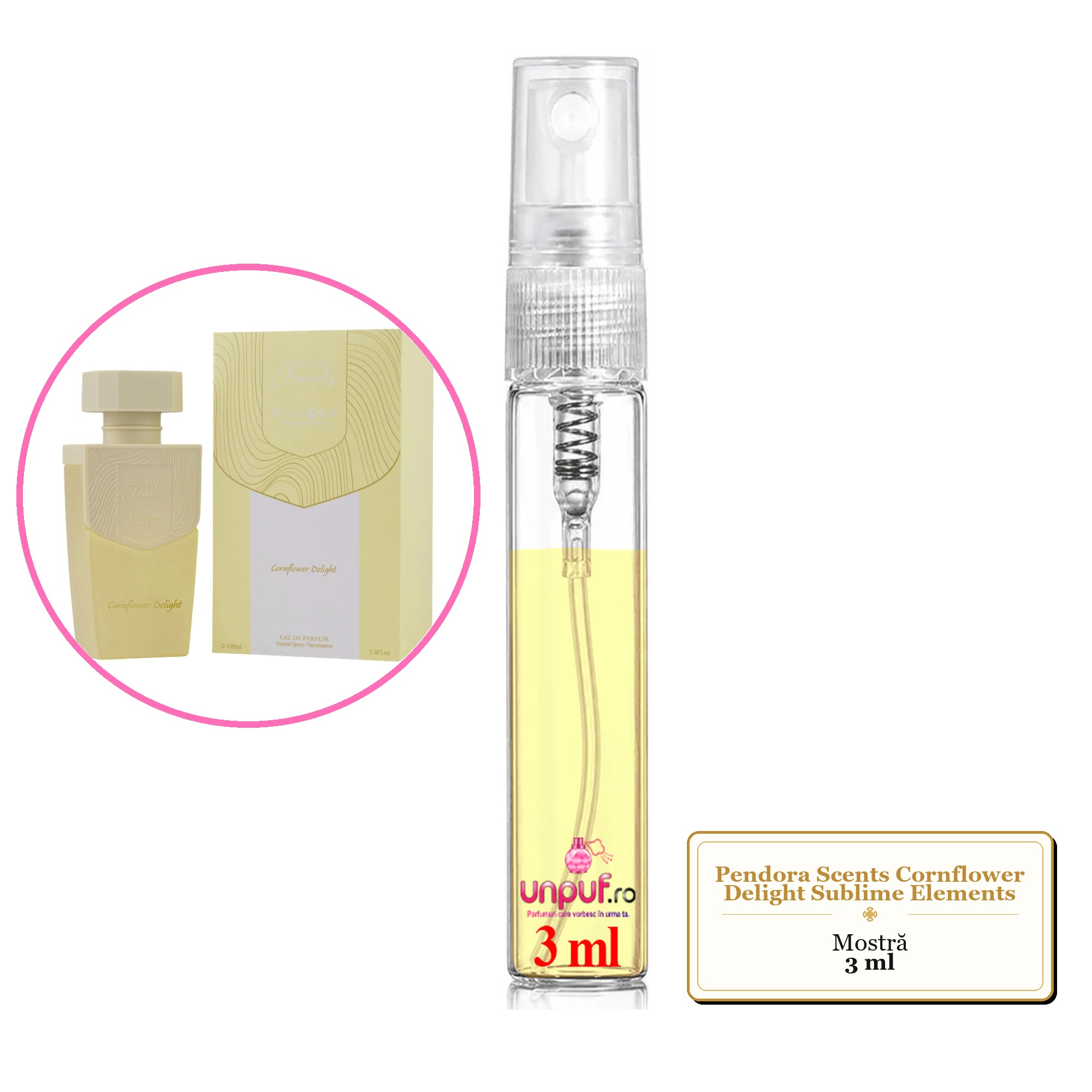 Mostra fiola din Parfumul Pendora Scents Cornflower Delight Sublime Elements, decant sticla cu pulverizator 