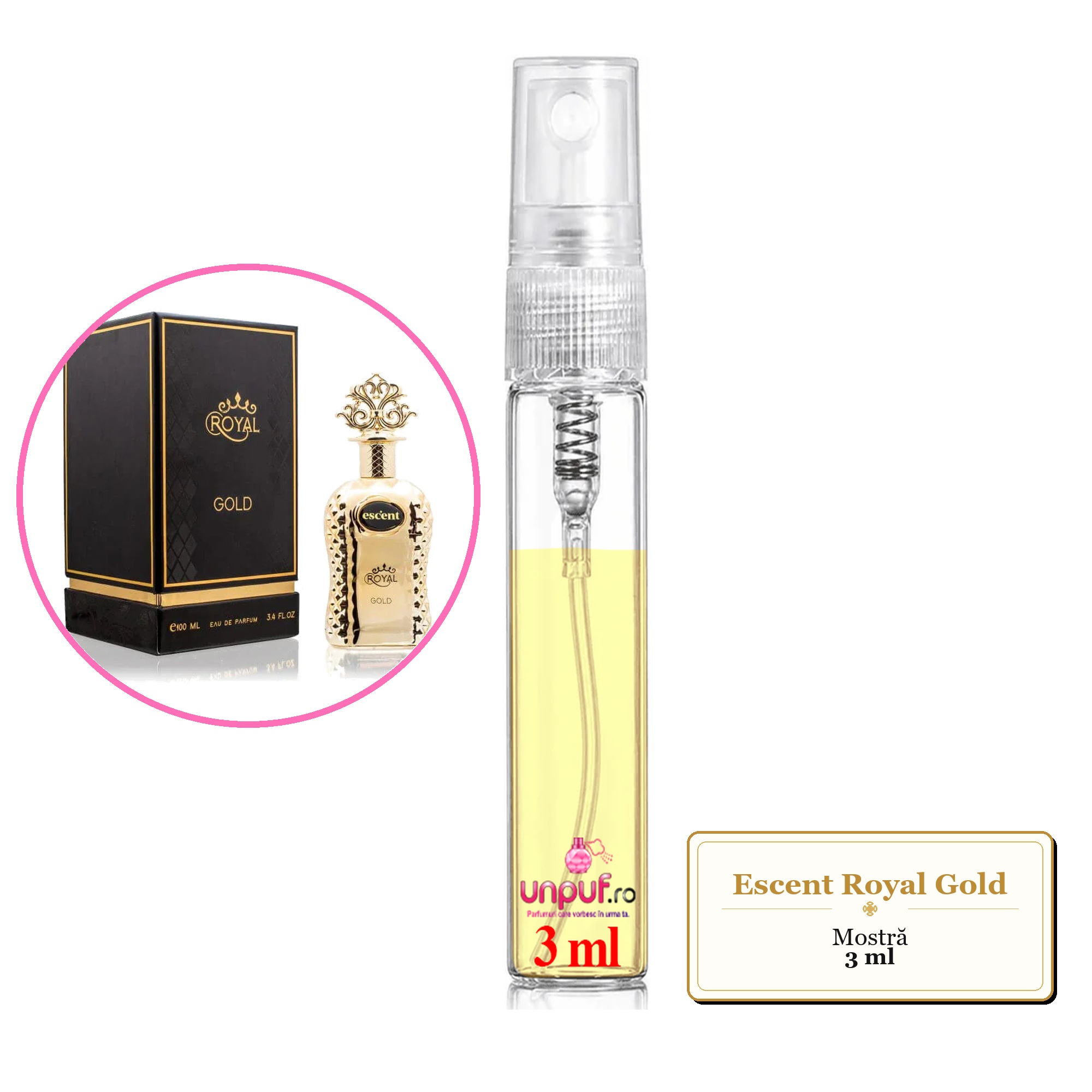 Mostra fiola din Parfumul Escent Royal Gold, decant sticla cu pulverizator 