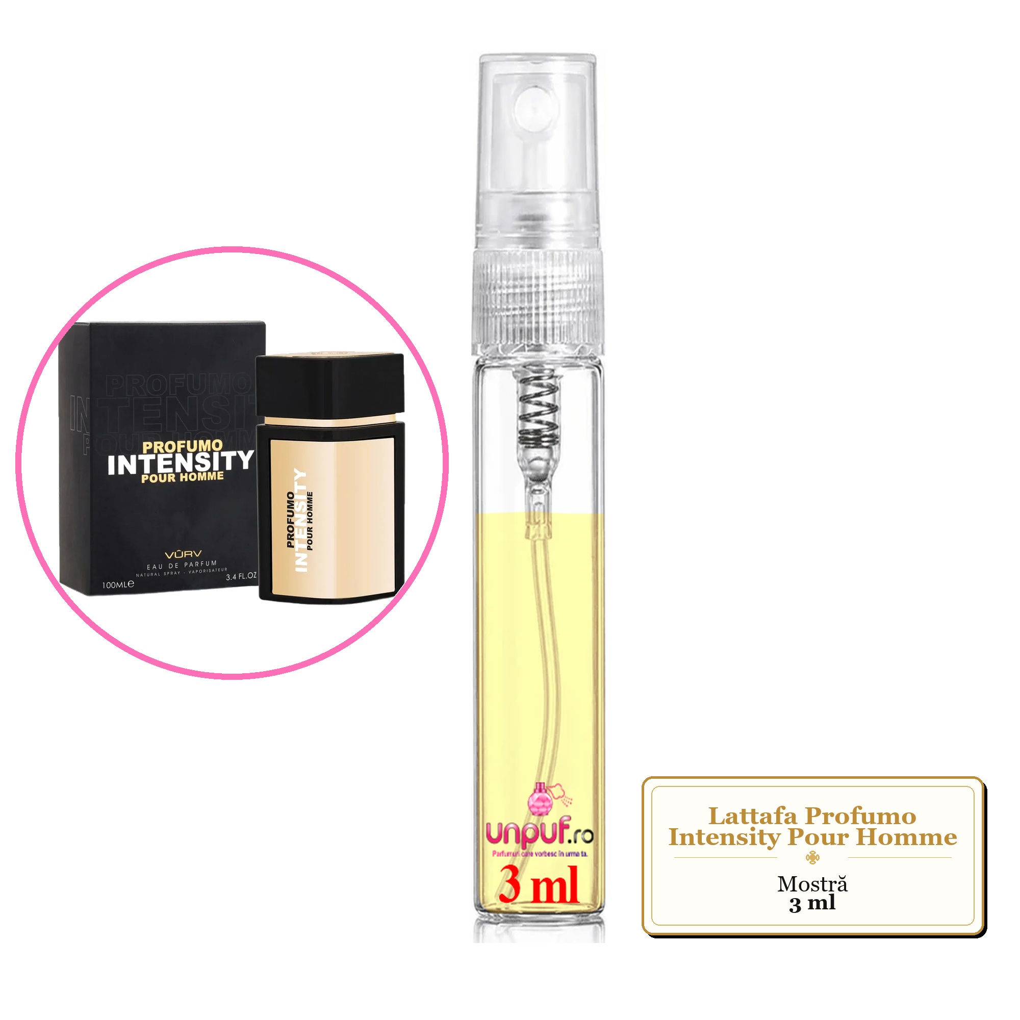 Mostra fiola din Parfumul Lattafa Profumo Intensity Pour Homme, decant sticla cu pulverizator 