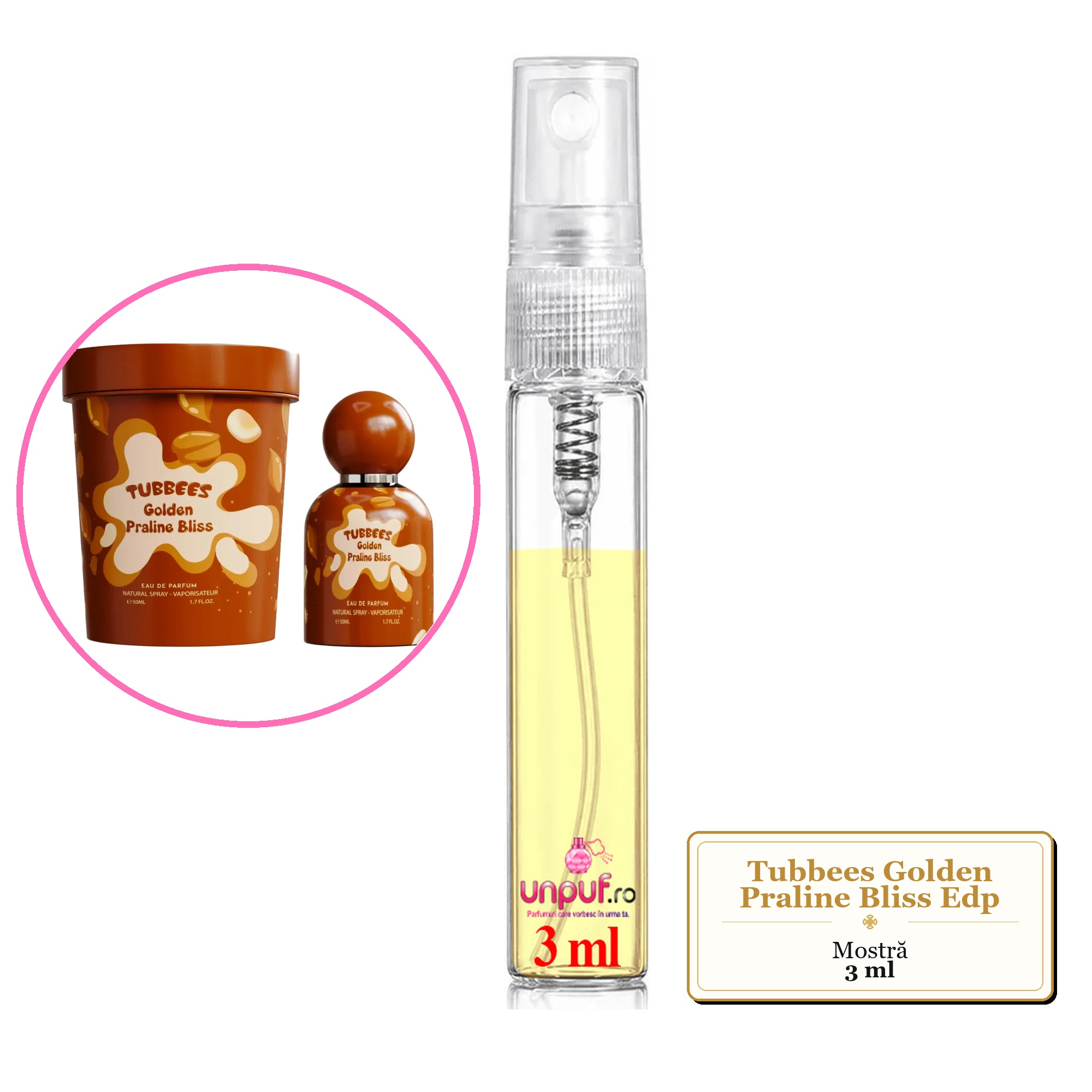 Mostra fiola din Parfumul Tubbees Golden Praline Bliss Edp, decant sticla cu pulverizator 