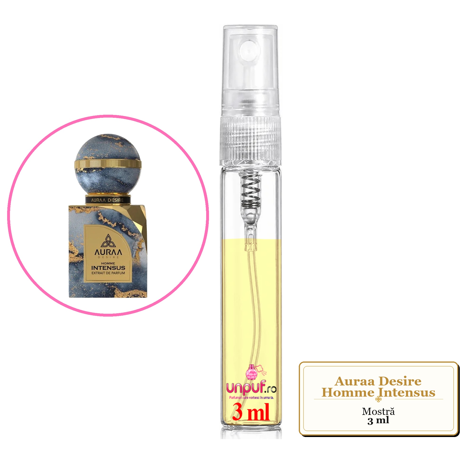 Mostra fiola din Parfumul Auraa Desire Homme Intensus, decant sticla cu pulverizator