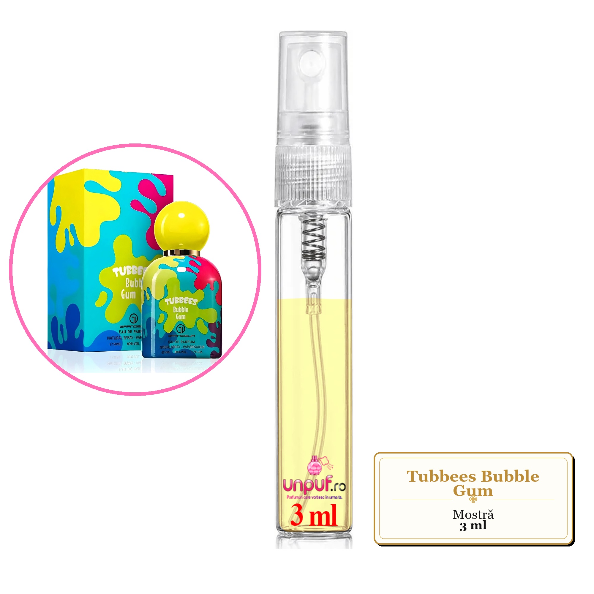 Mostra fiola din Parfumul Tubbees Bubble Gum, decant sticla cu pulverizator 