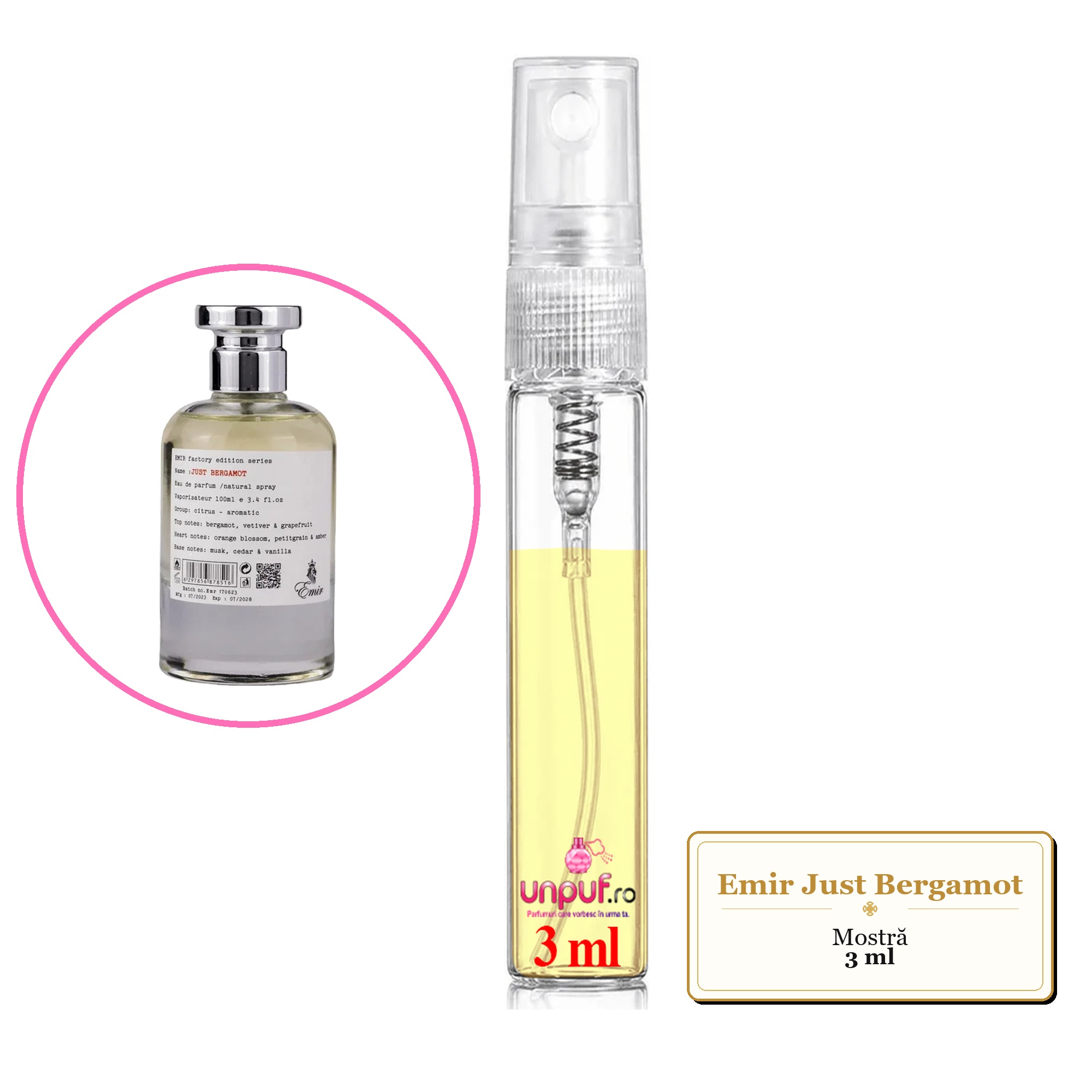 Mostra fiola din Parfumul Emir Just Bergamot, decant sticla cu pulverizator