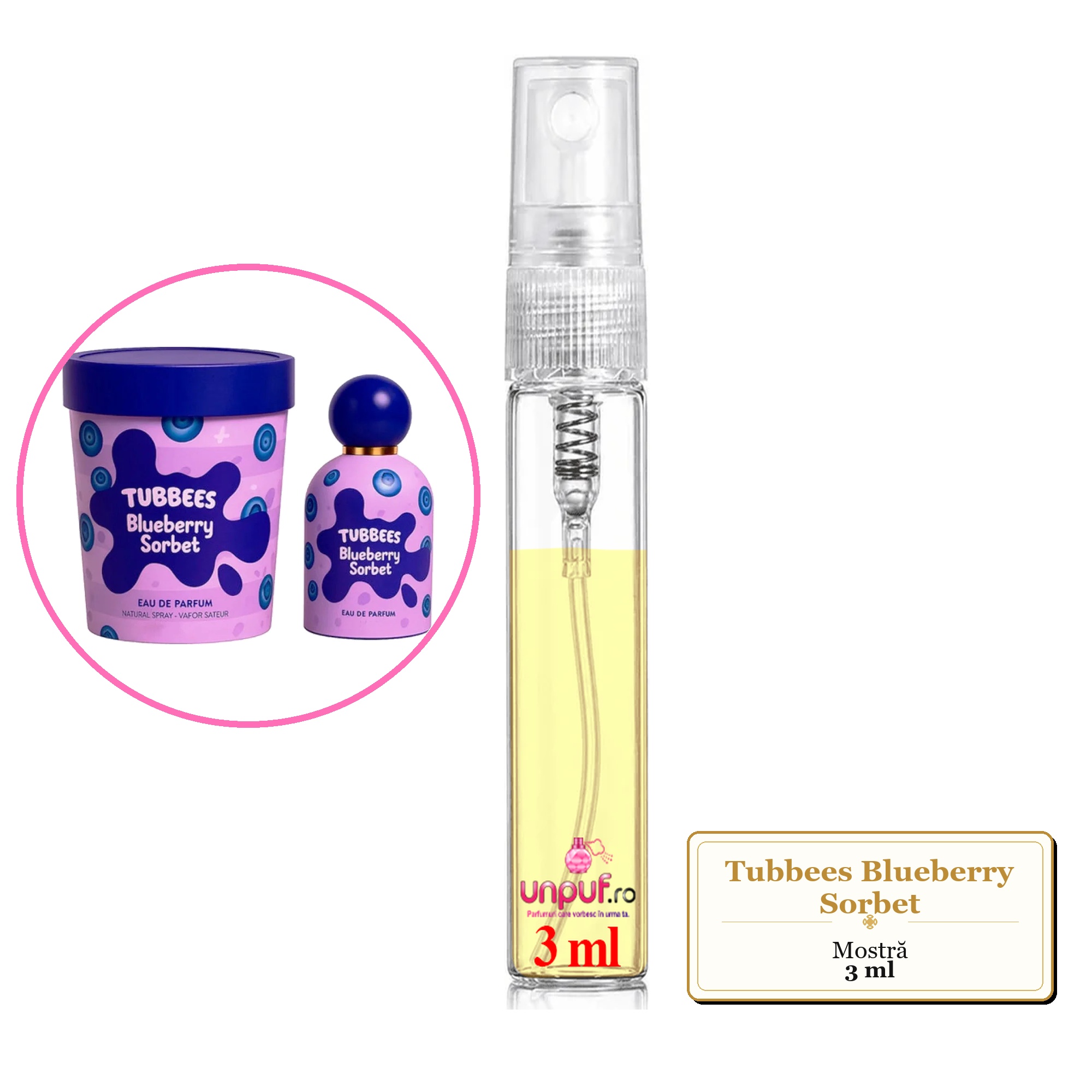 Mostra fiola din Parfumul Tubbees Blueberry Sorbet, decant sticla cu pulverizator 
