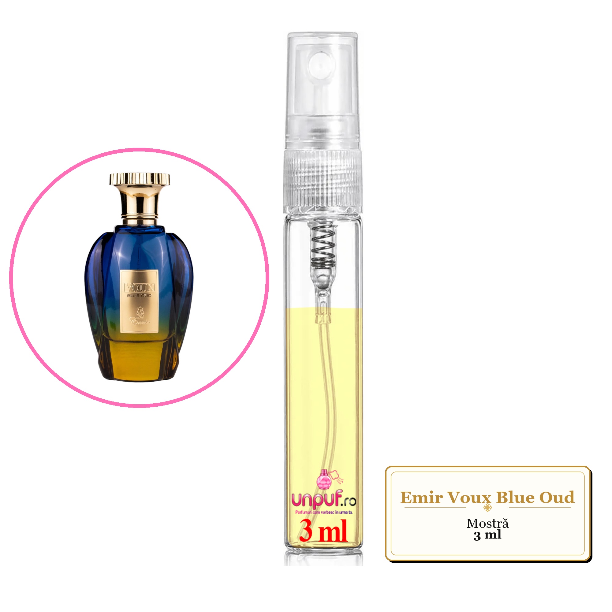 Mostra fiola din Parfumul Emir Voux Blue Oud, decant sticla cu pulverizator 
