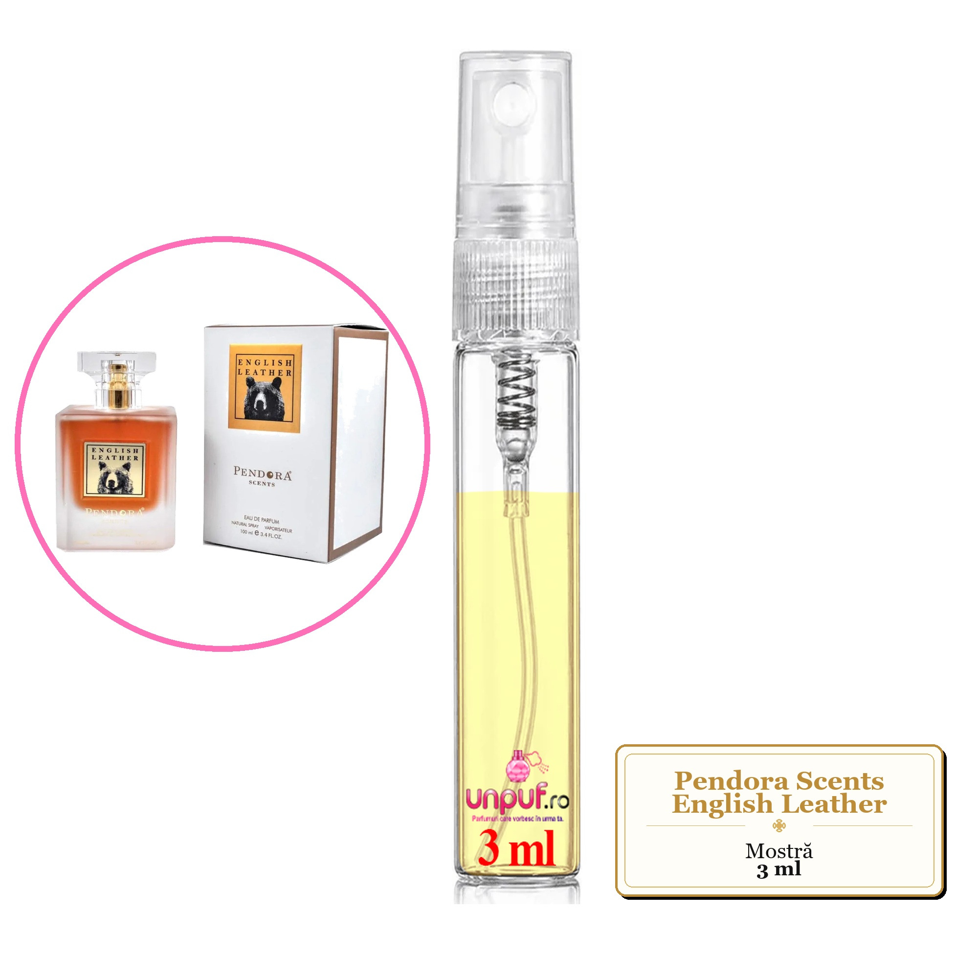 Mostra fiola din Parfumul Pendora Scents English Leather, decant sticla cu pulverizator 