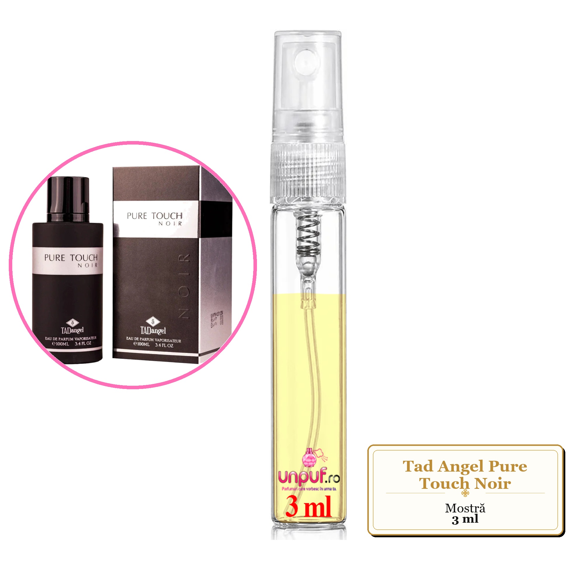 Mostra fiola din Parfumul Tad Angel Pure Touch Noir, decant sticla cu pulverizator
