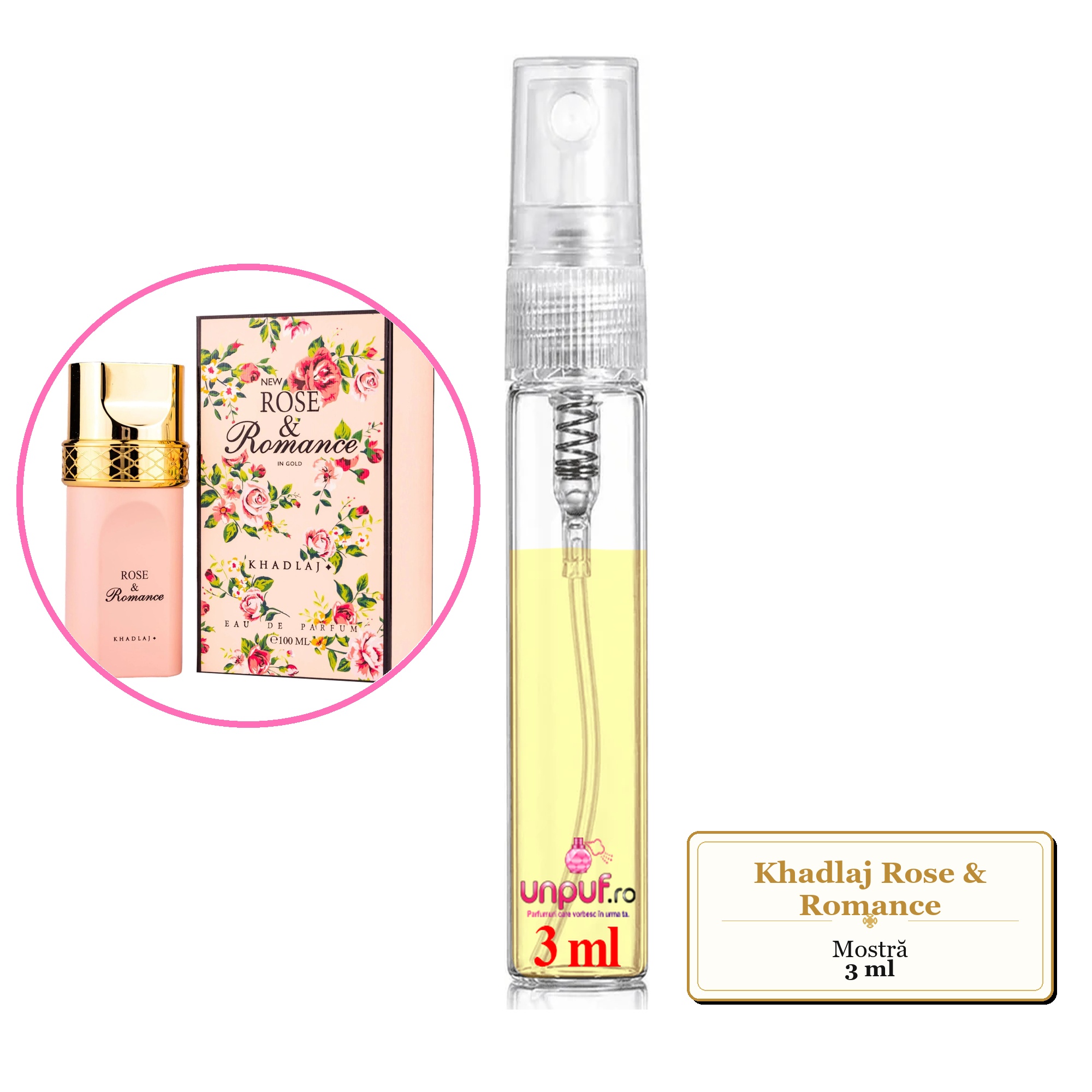 Mostra fiola din Parfumul Khadlaj Rose & Romance, decant sticla cu pulverizator 